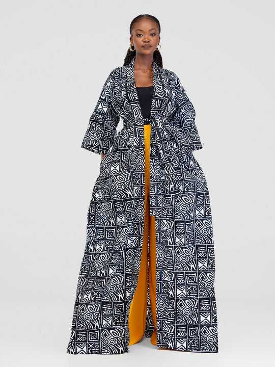 African Yuva Raven African Print Kimono - Black/White