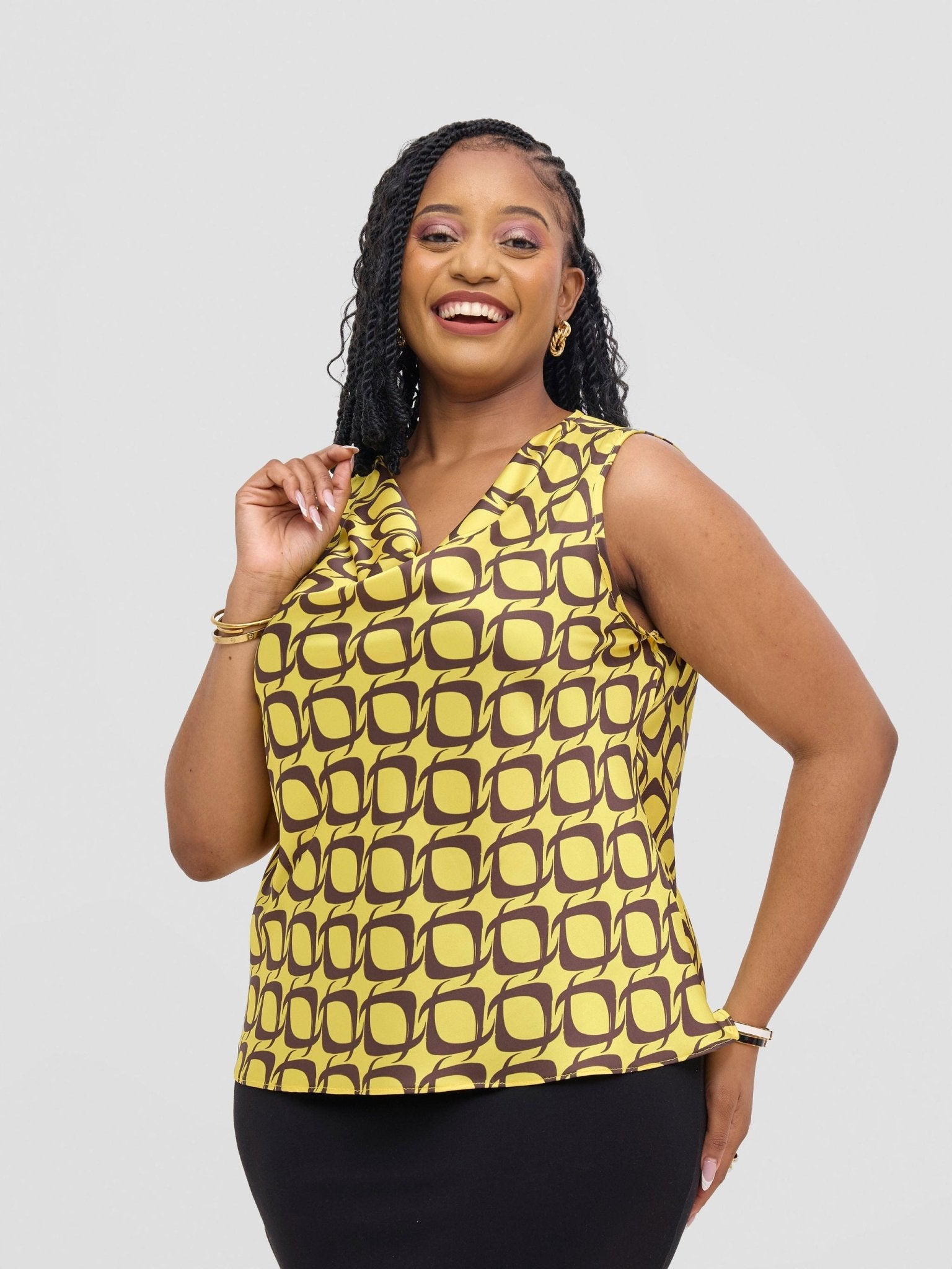 Vivo Isabi Cowl Top - Yellow / Chocolate Tiki Print