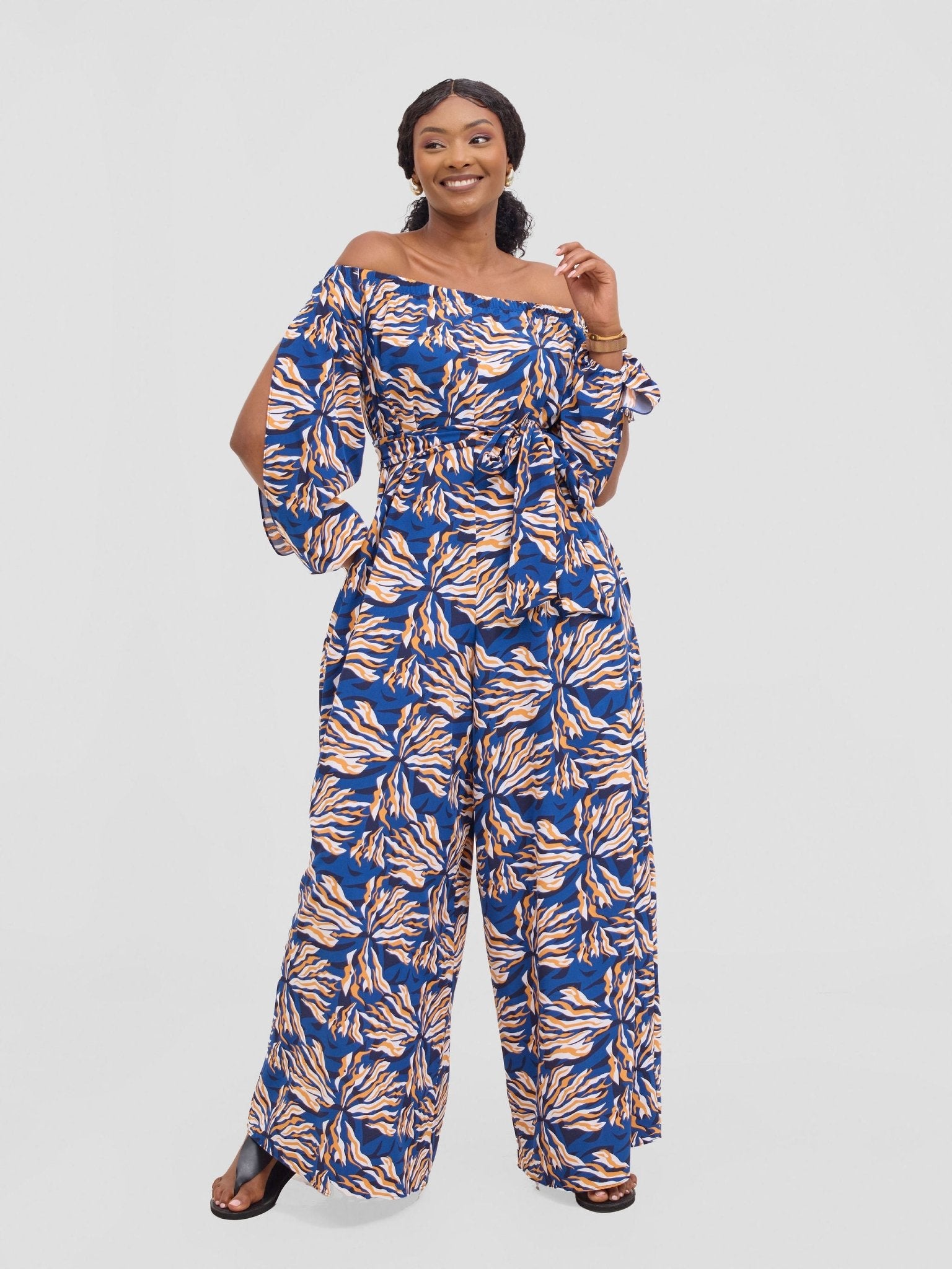 Vivo Yumi Off Shoulder Jumpsuit - Cream / Navy Miyu Print