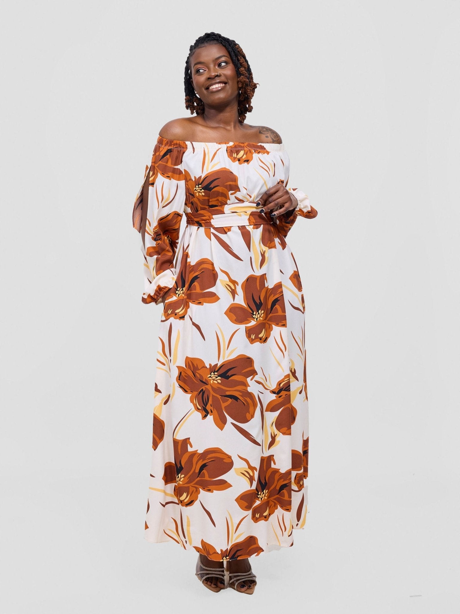 Vivo Yumi Off Shoulder Maxi Dress - Rust / Brown Kigali Print
