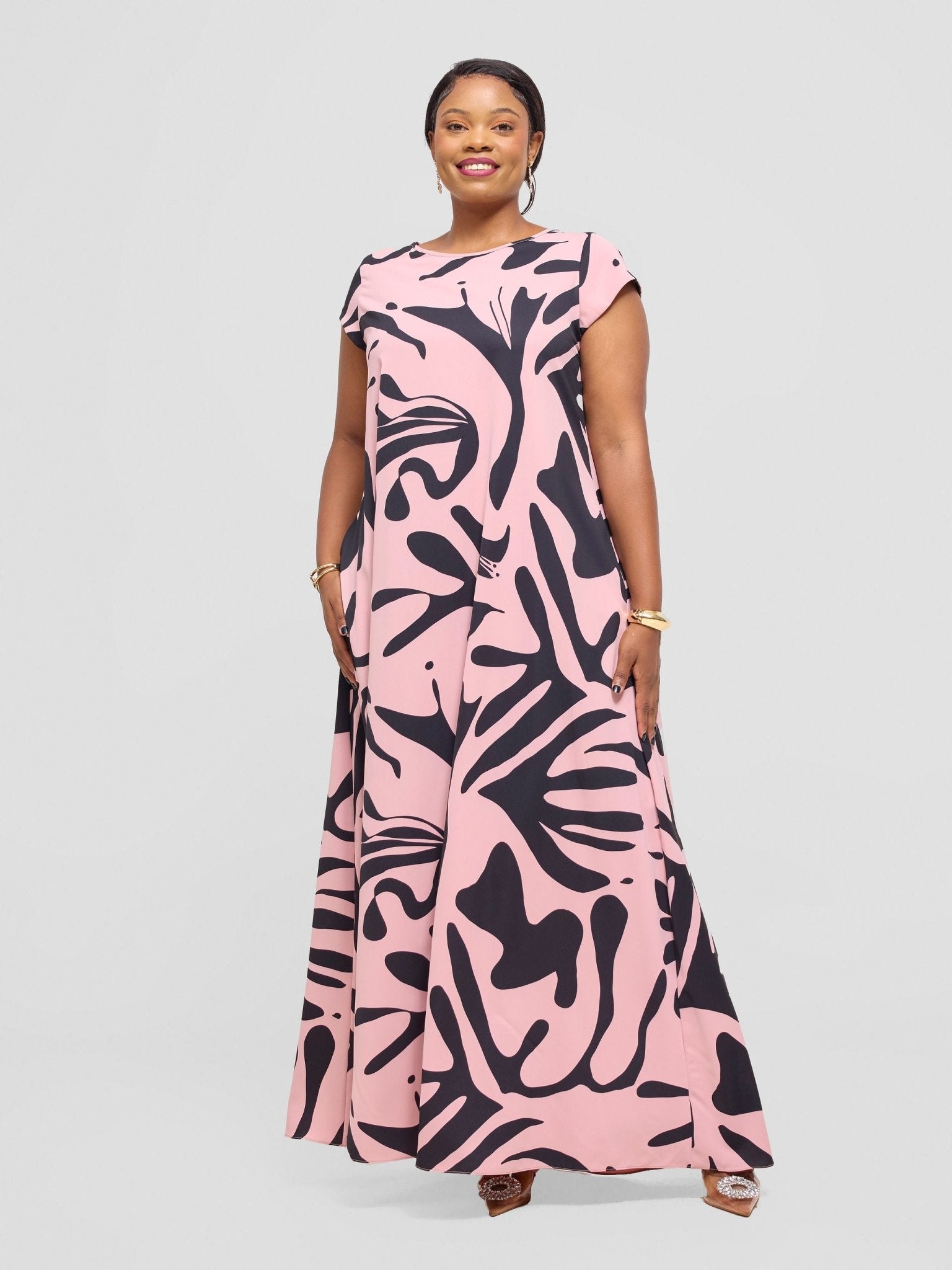 Vivo Basic Cap Sleeve Maxi Tent Dress - Blush Pink / Black Zari Print