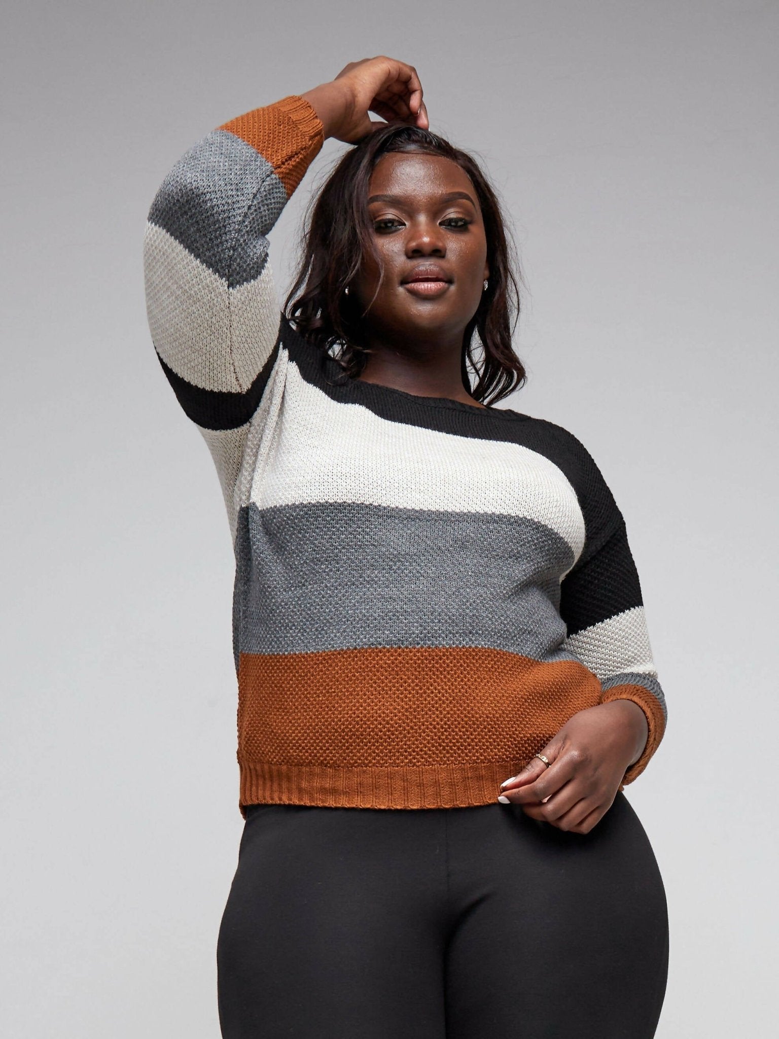 The Fashion Frenzy Round Neck Pullover Sweater - Brown Colour Block