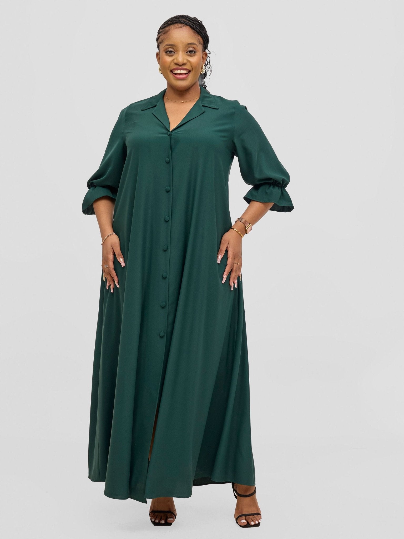 Vivo Hadiya Flounce Sleeve Maxi Dress  - Dark Green