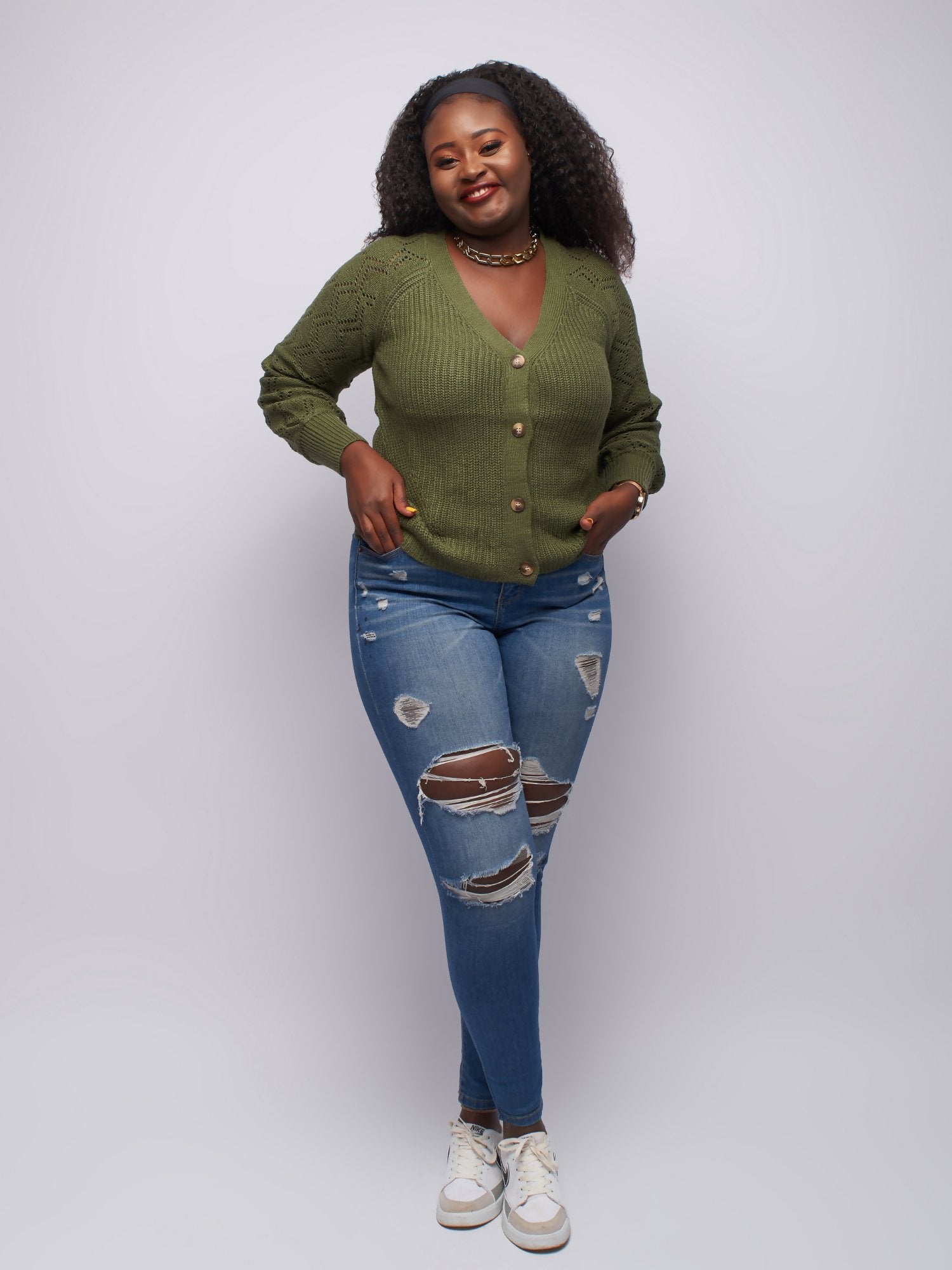 Tuli Zadi V-Neck Pointelle Long Sleeved Cardigan - Green