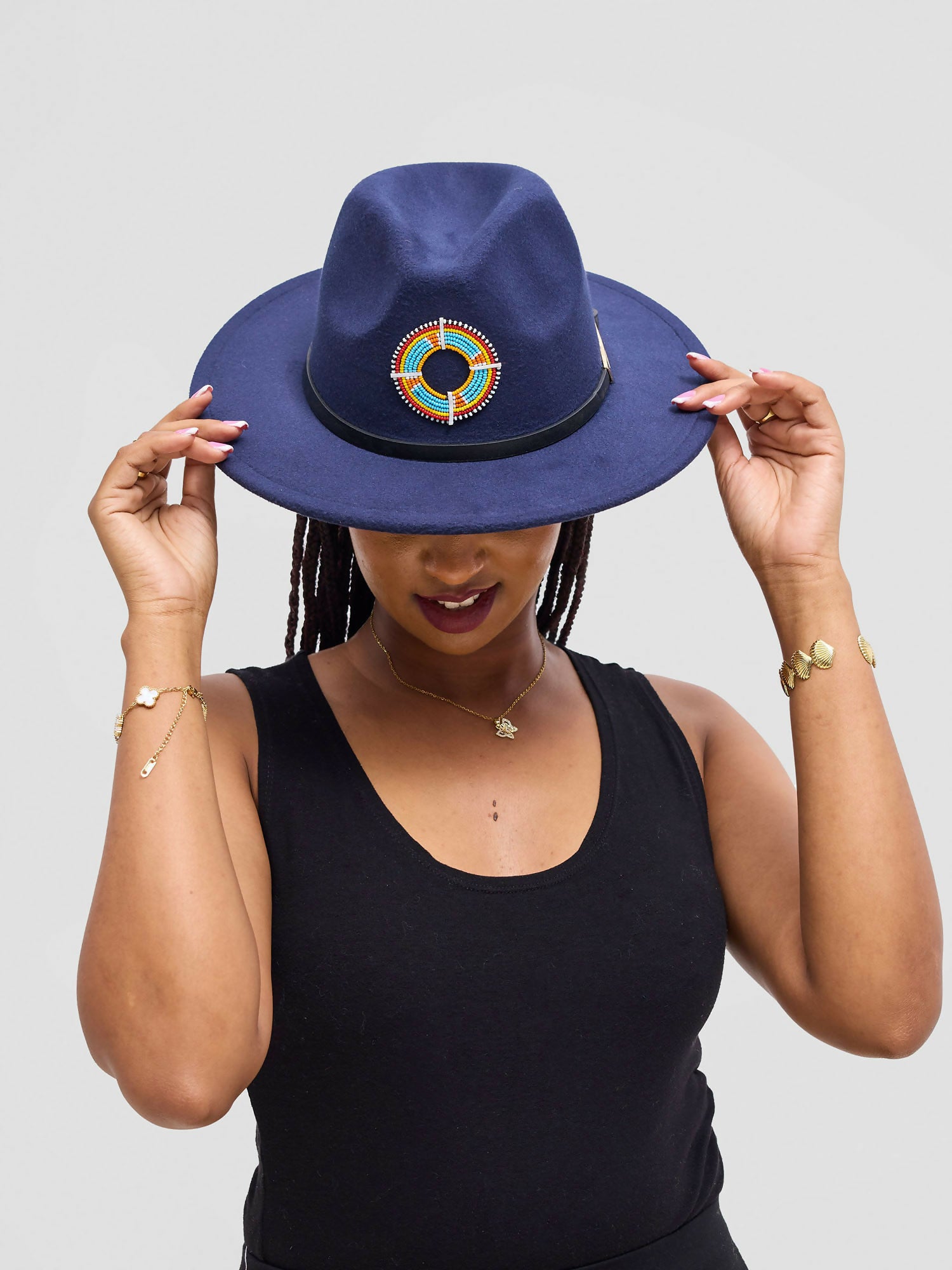 Umbo Collections Beaded Brooch Fedora Hat - Navy Blue