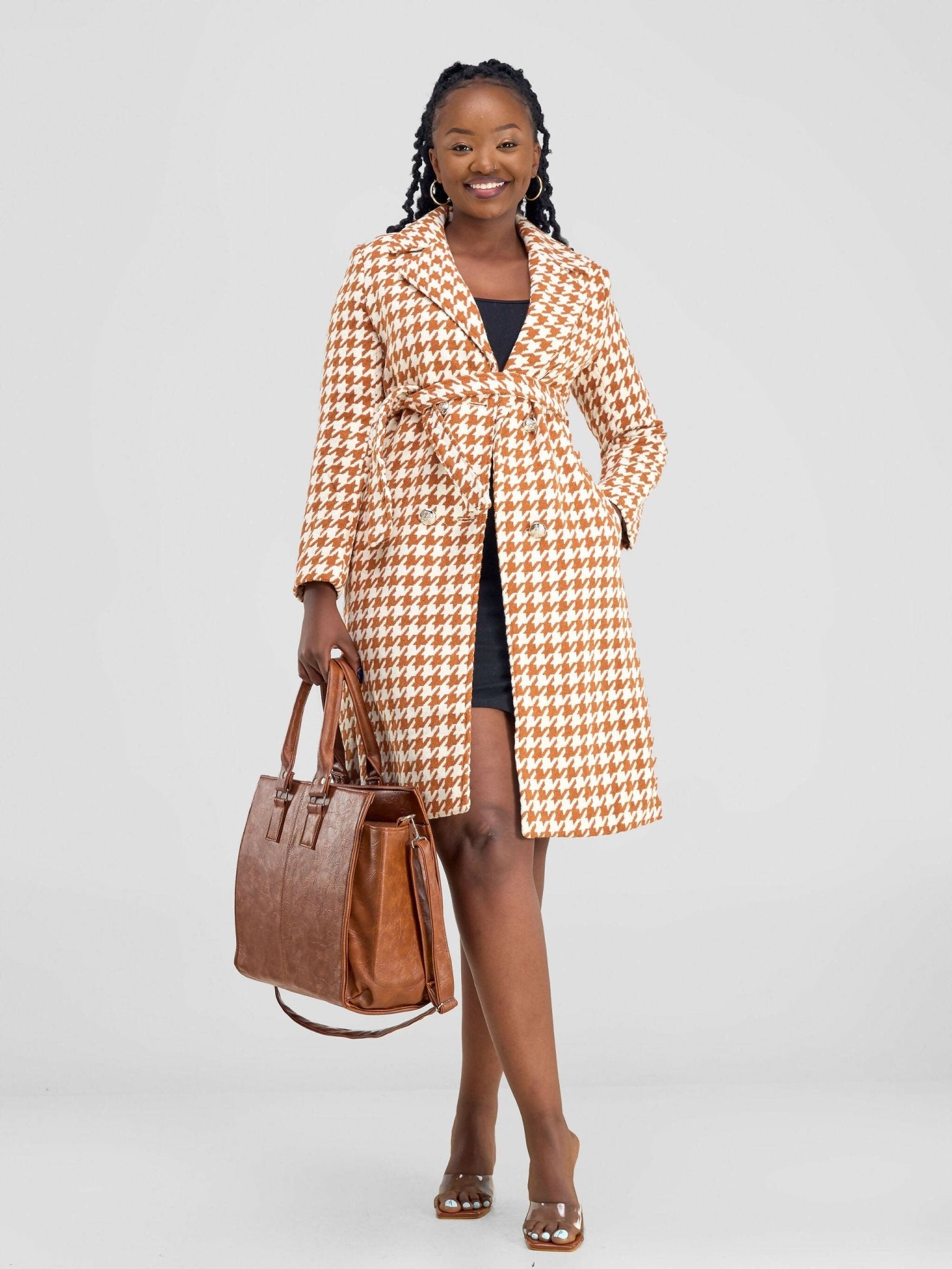 Stylish Sisters Houndstooth Trench - Coat Jacket - Orange / White