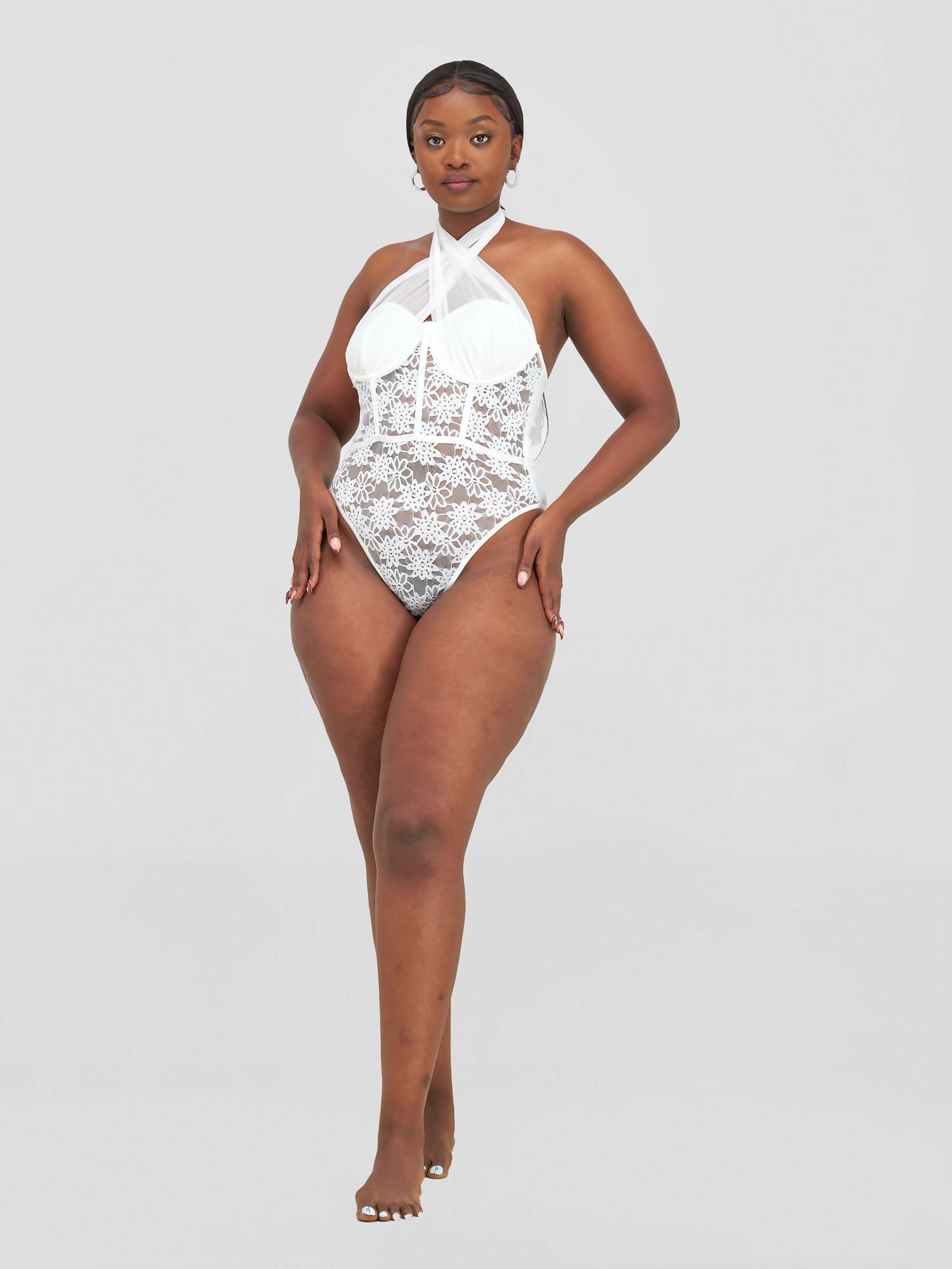 Sleeveless Bodysuit With Lace Criss Cross Cut Out Lingerie Set - White