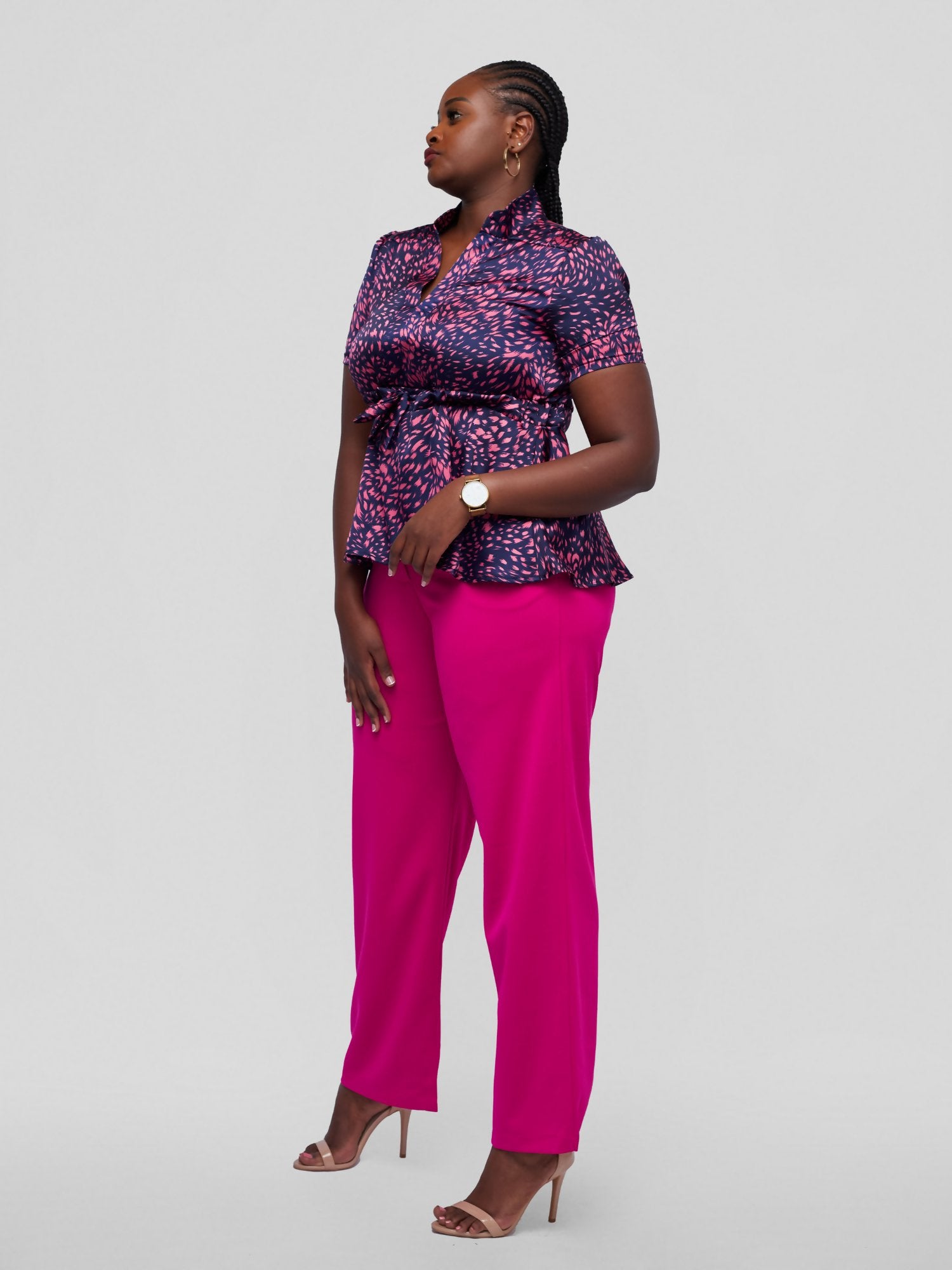 Tuli Diara Short Sleeve Top - Blue / Pink Print