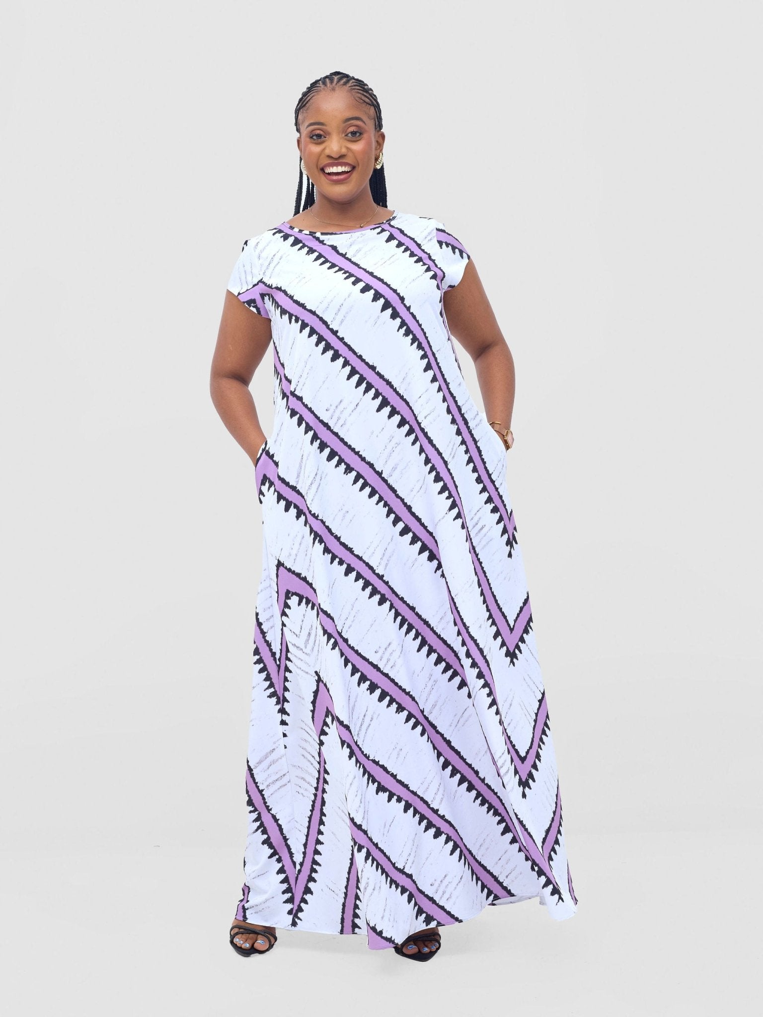 Vivo Basic Cap Sleeve Maxi Tent Dress - White / Lilac Sabi Print