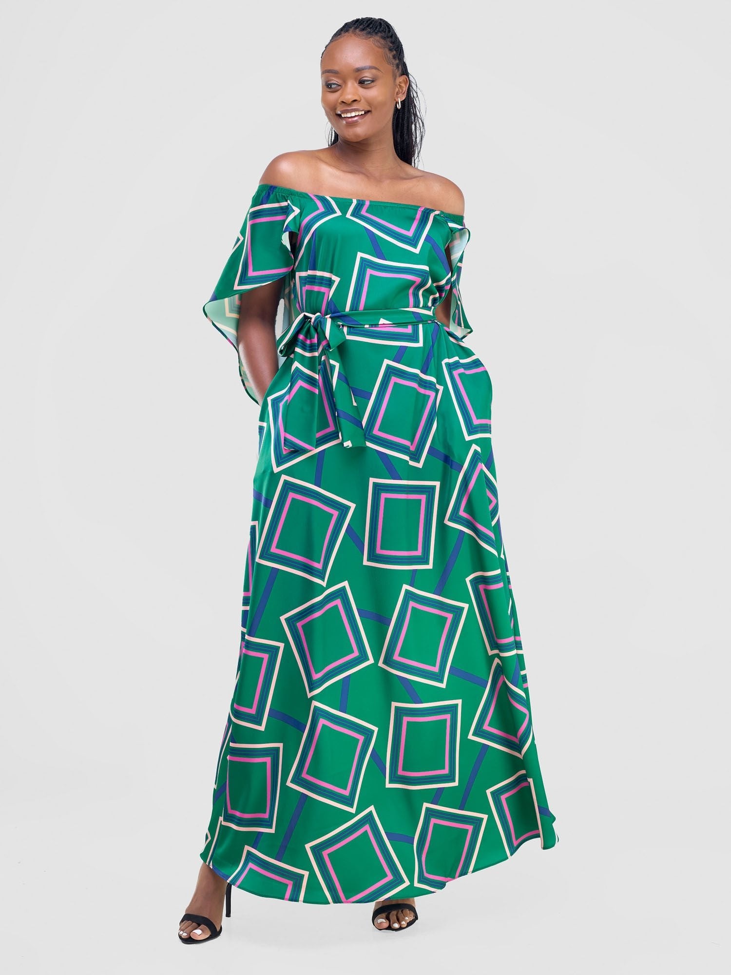 Vivo Amai Off-Shoulder Maxi Dress - Green / Navy Biya Print