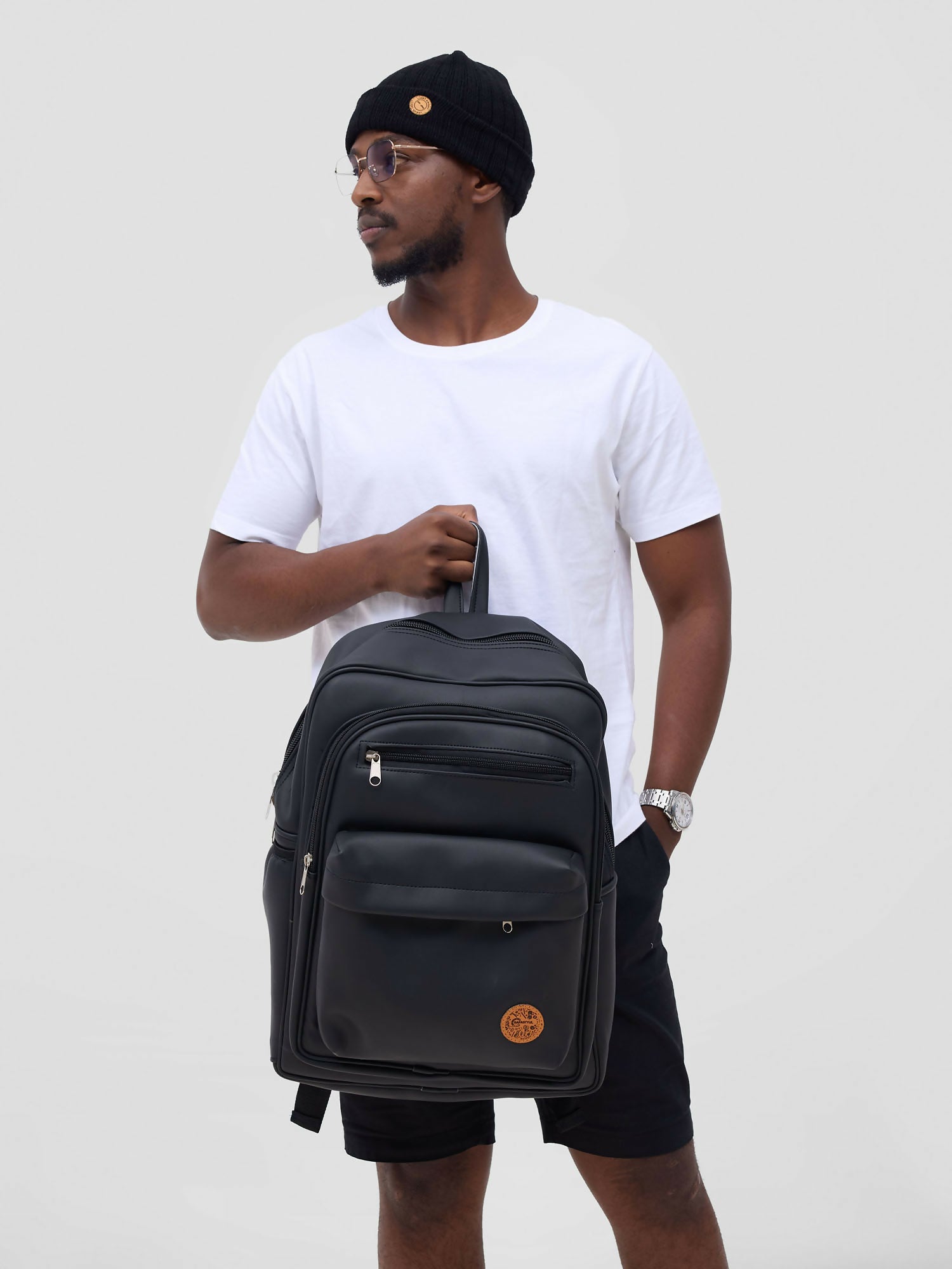 Back Pack Double Front Pocket Bag - Black