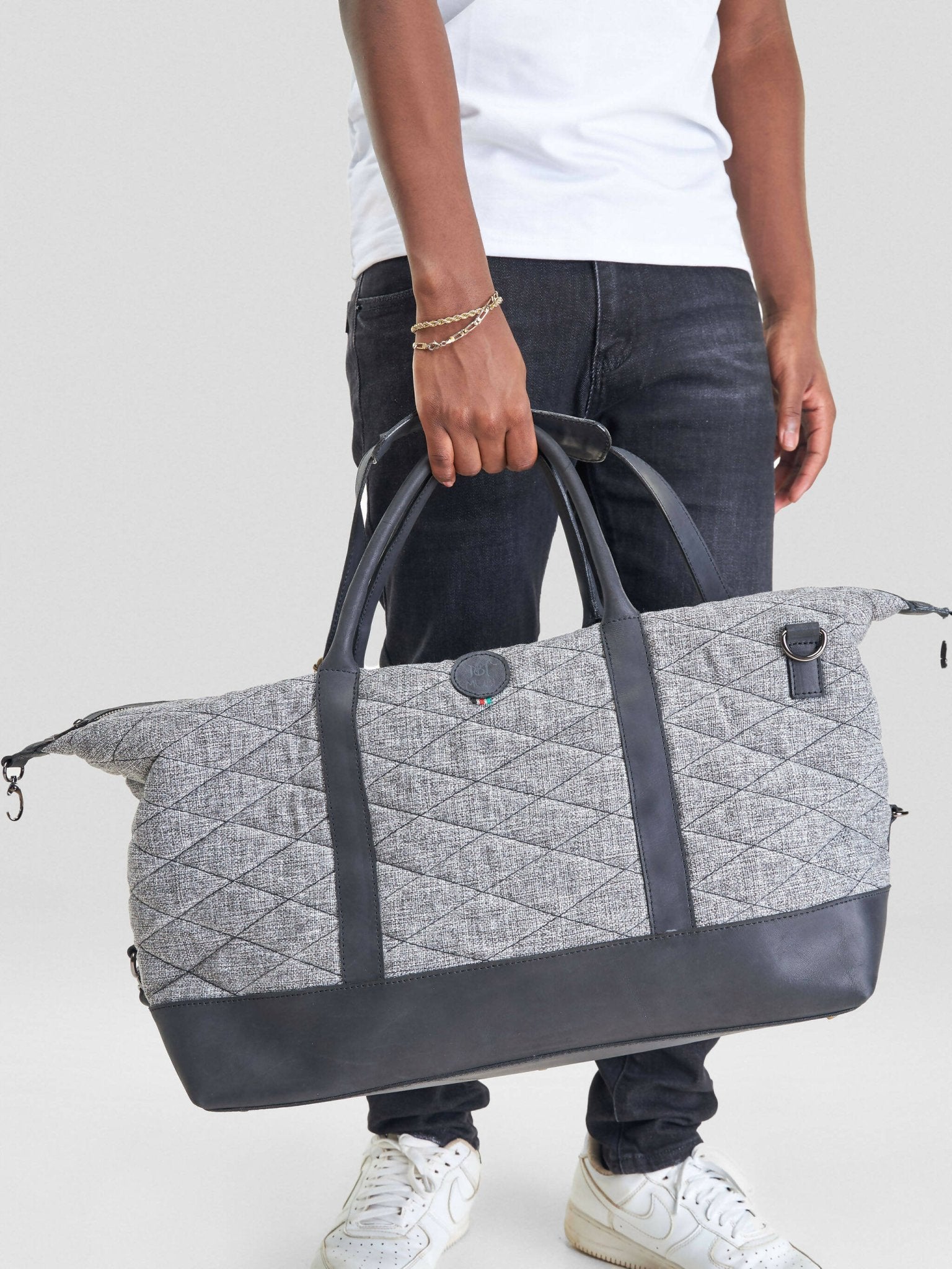 Mubi Leather Jowi Linen Travel Bag - Black/Cream