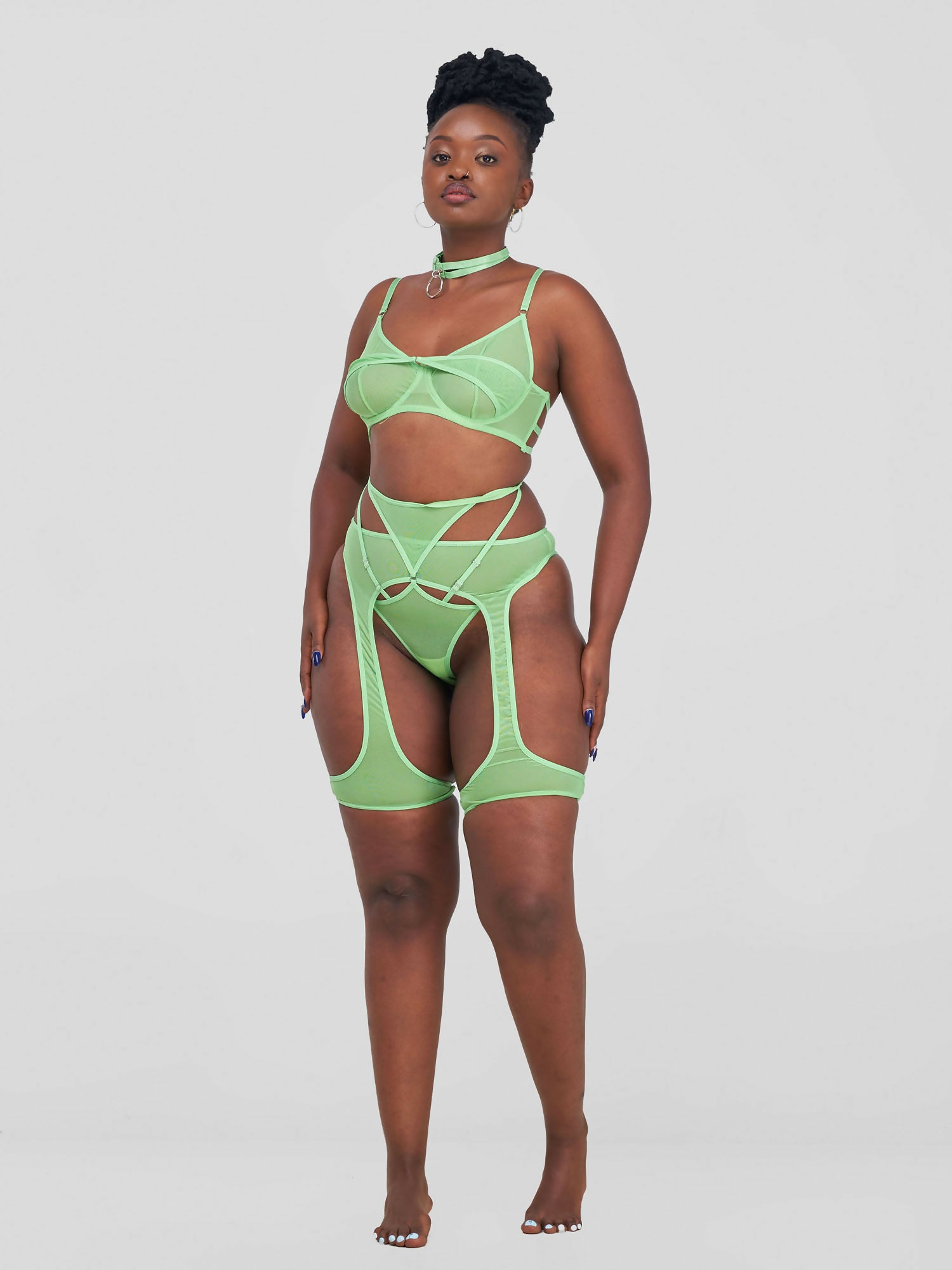 Erotic Strappy Lingerie Set - Green