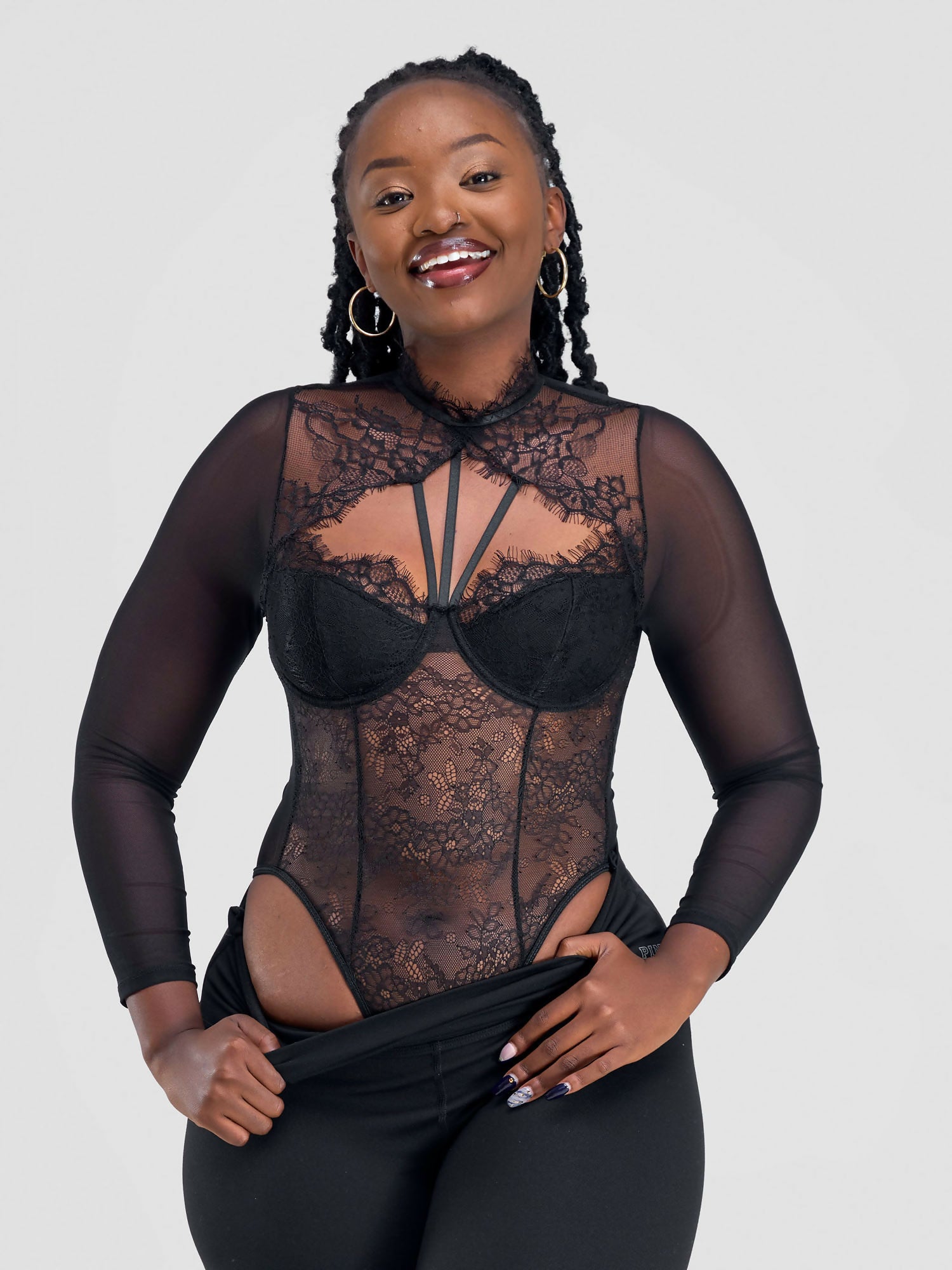 Posh Lingerie & More Lace Bodysuit Long Sleeved Lingerie - Black