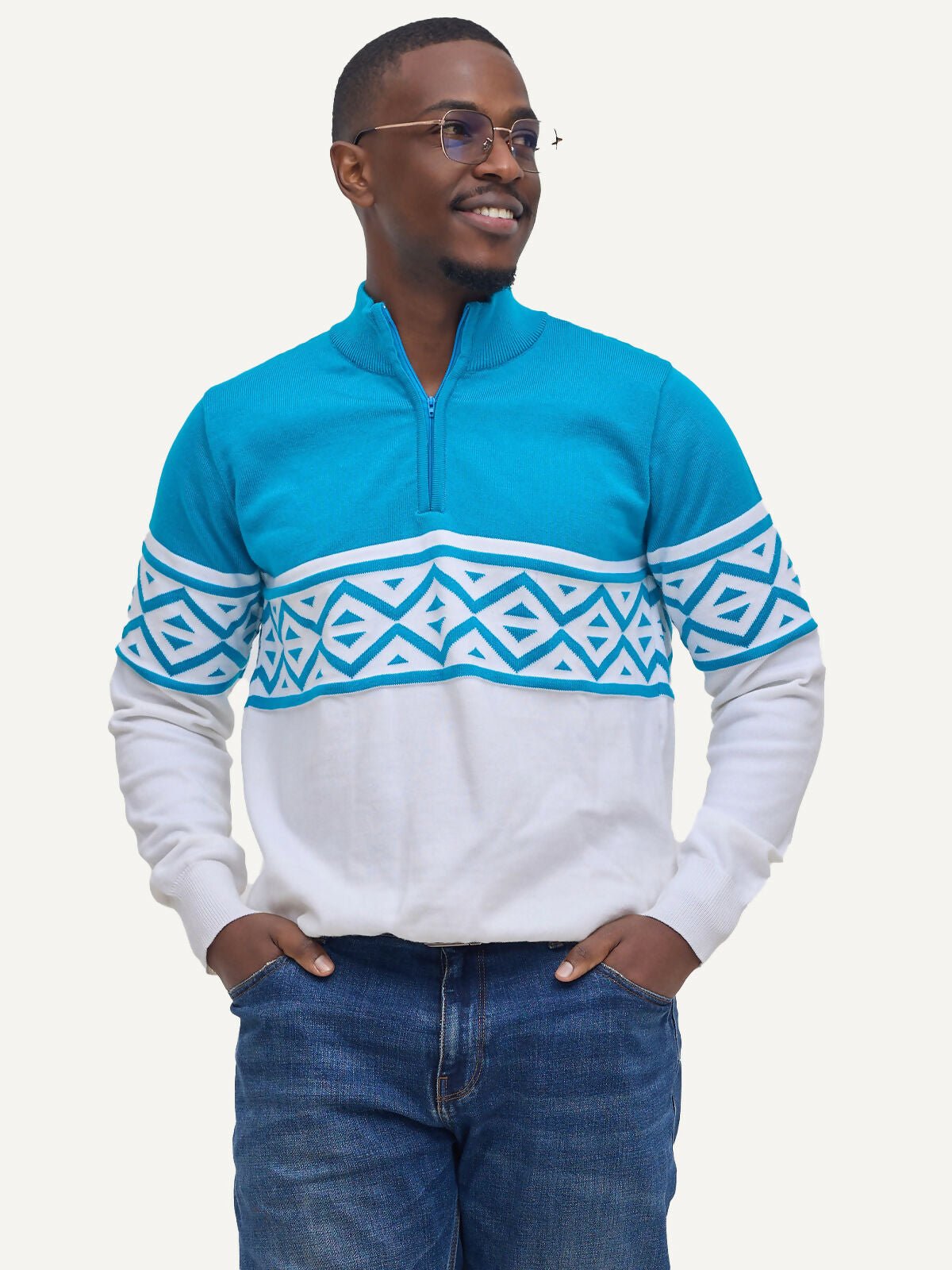Kali Men Knitwear Half-Zip Sweater - Teal / White