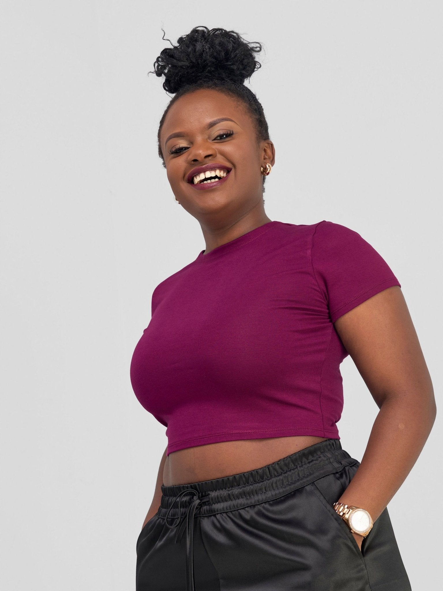 Zoya Basic Short Sleeve Crop Top - Burgundy