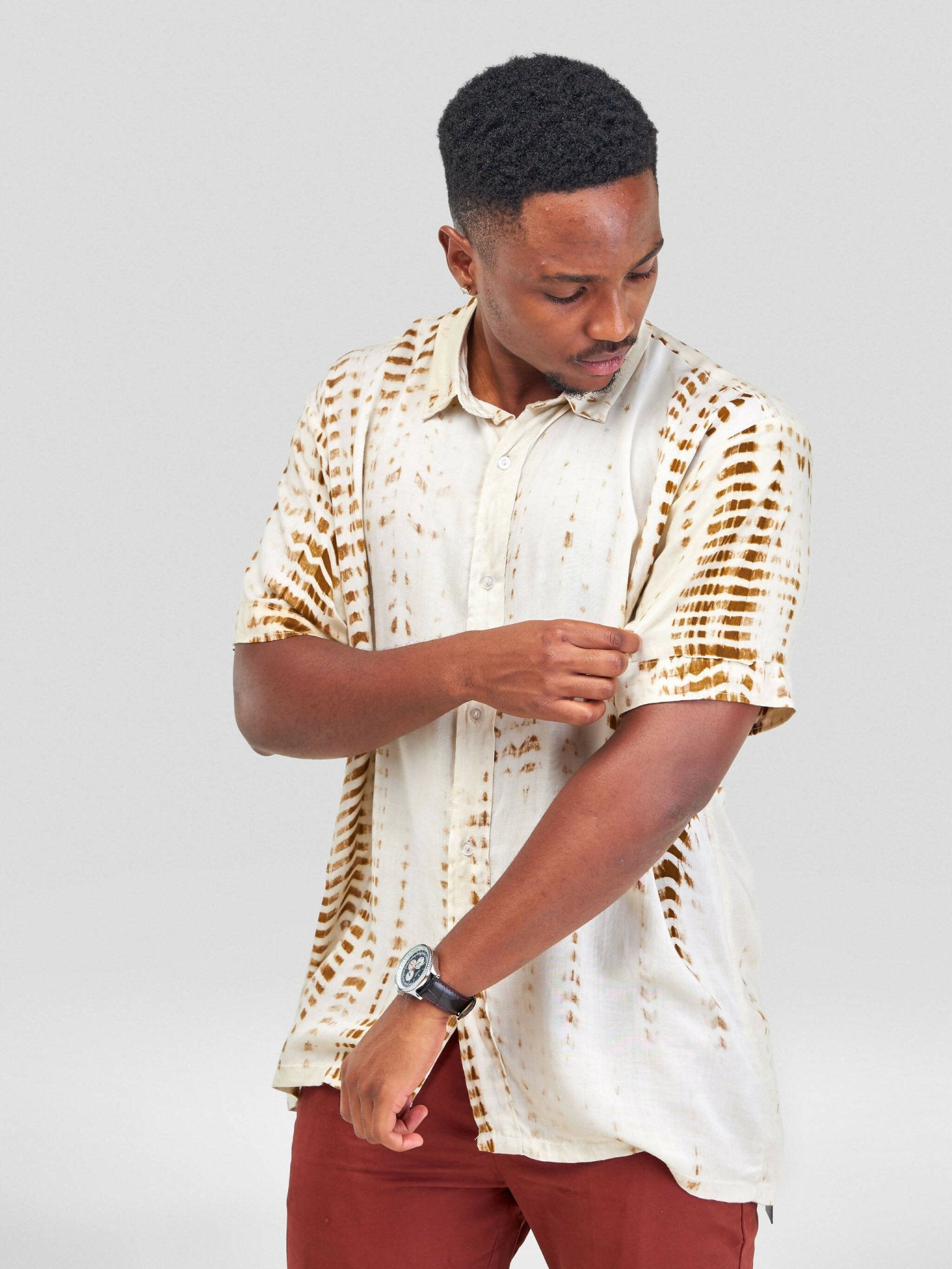 Vazi Afriq Tie & Dye Normal Collar Shirt - Khaki Brown / White