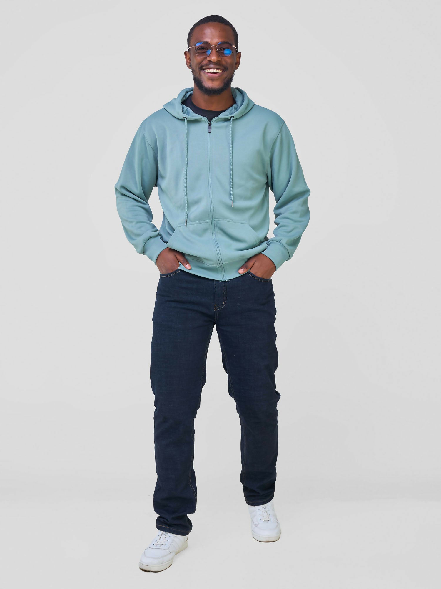 Round Neck With Zip Hoodie - Grey Green