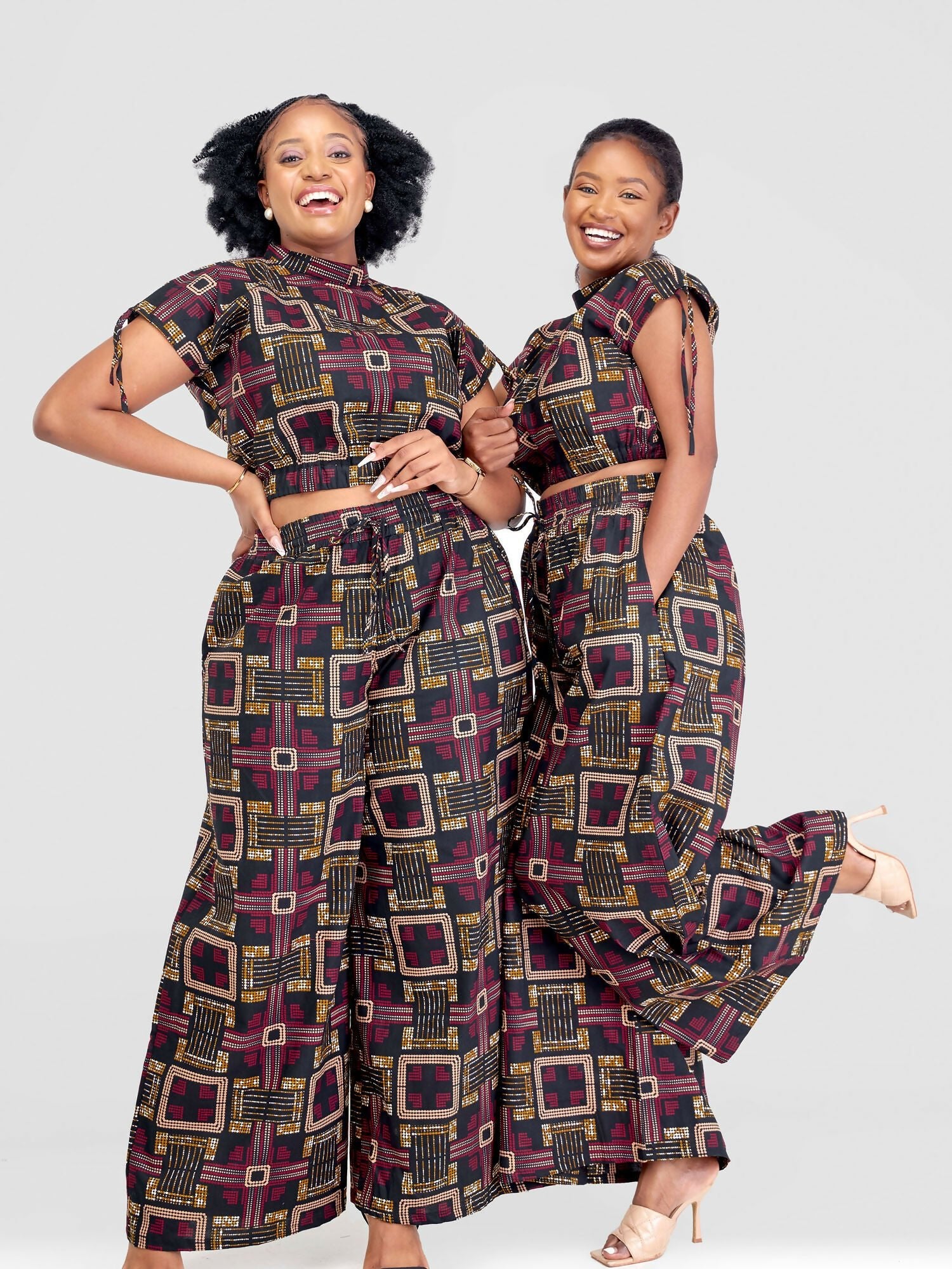 Beqss Tess Wide Leg Pants Set - Red / Navy Blue Print