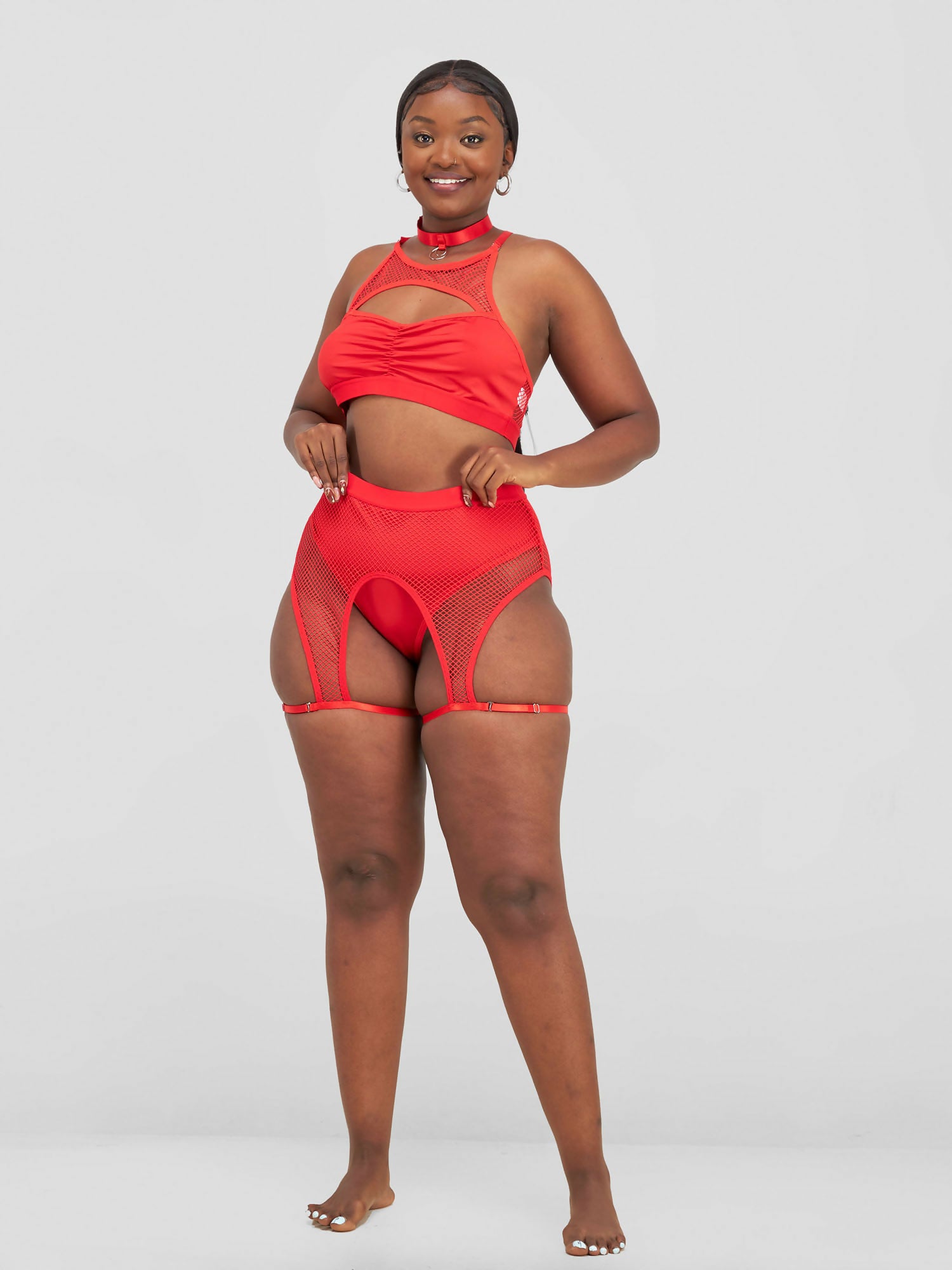 Women Fishnet Sexy Lingerie Set - Red