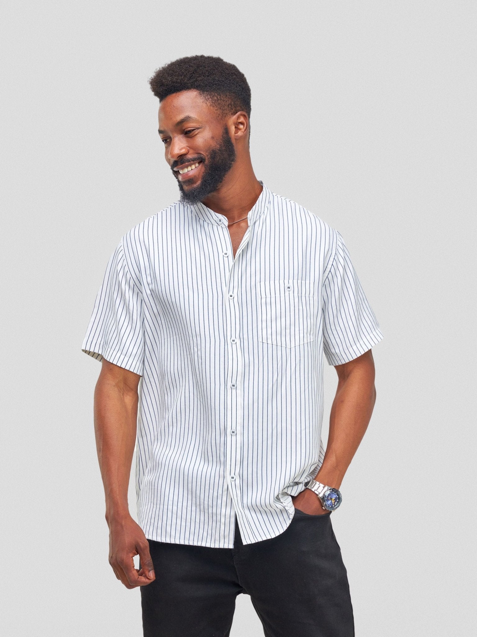 Mandarin Button Down Stripped  Shirt - Blue