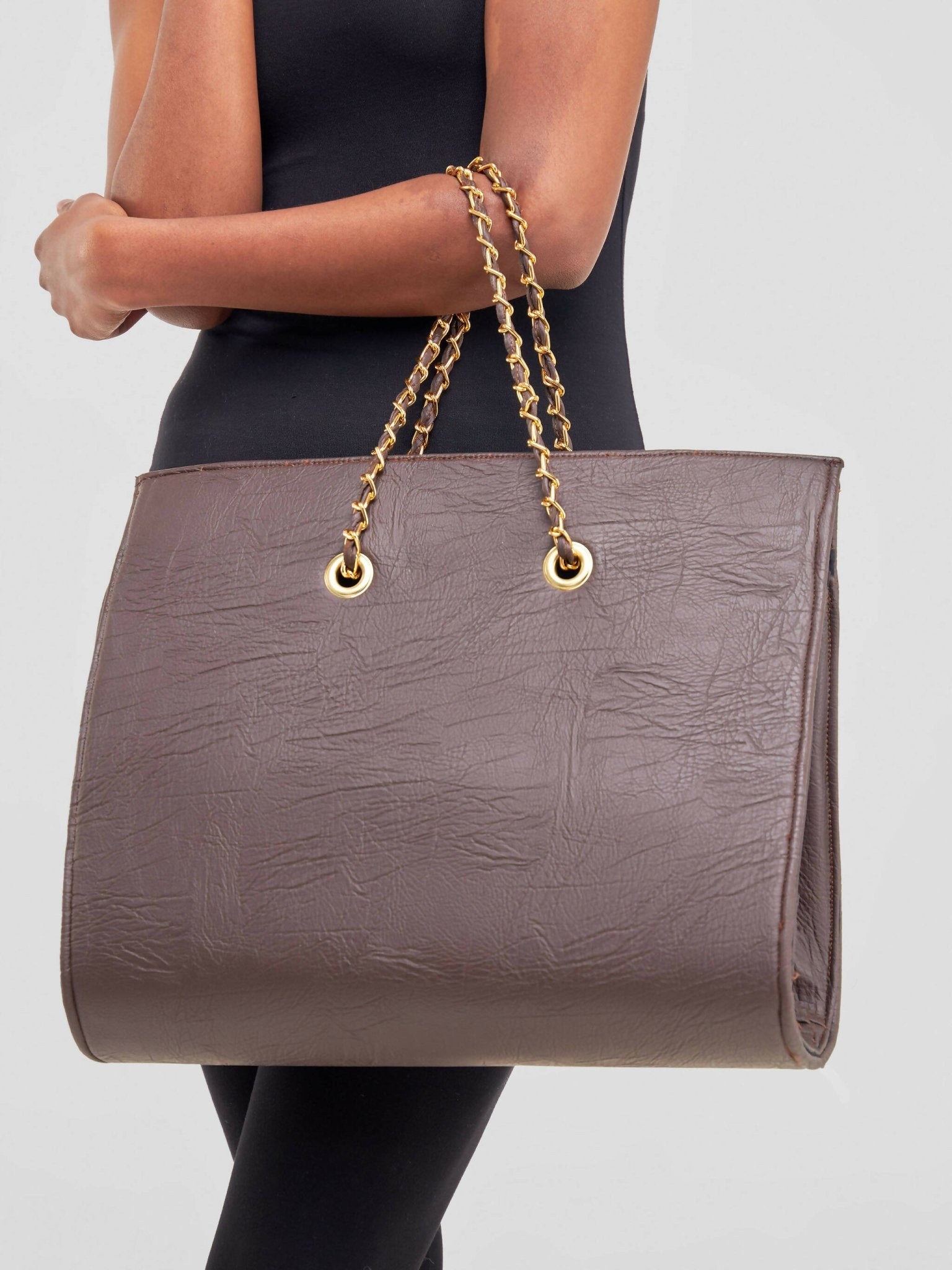 Khay Designs Chained Leather Handbag - Dark Brown