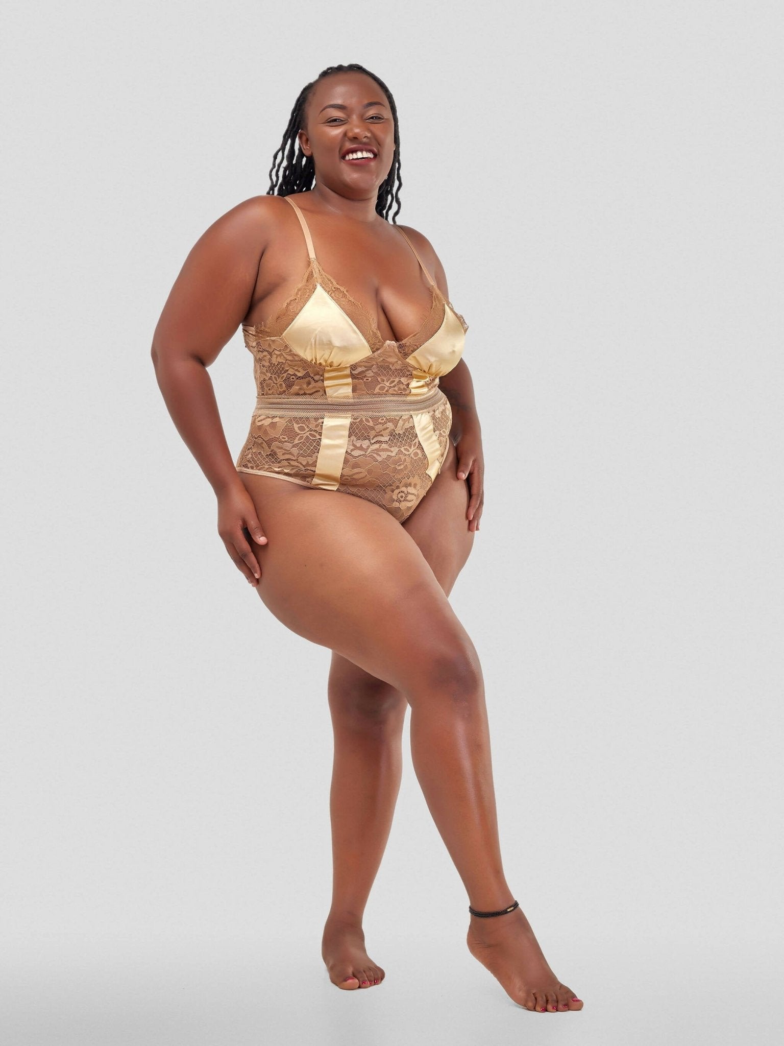 Intimates Kenya High Quality Eyelash Lace Splice Sexy Bodysuit - Beige
