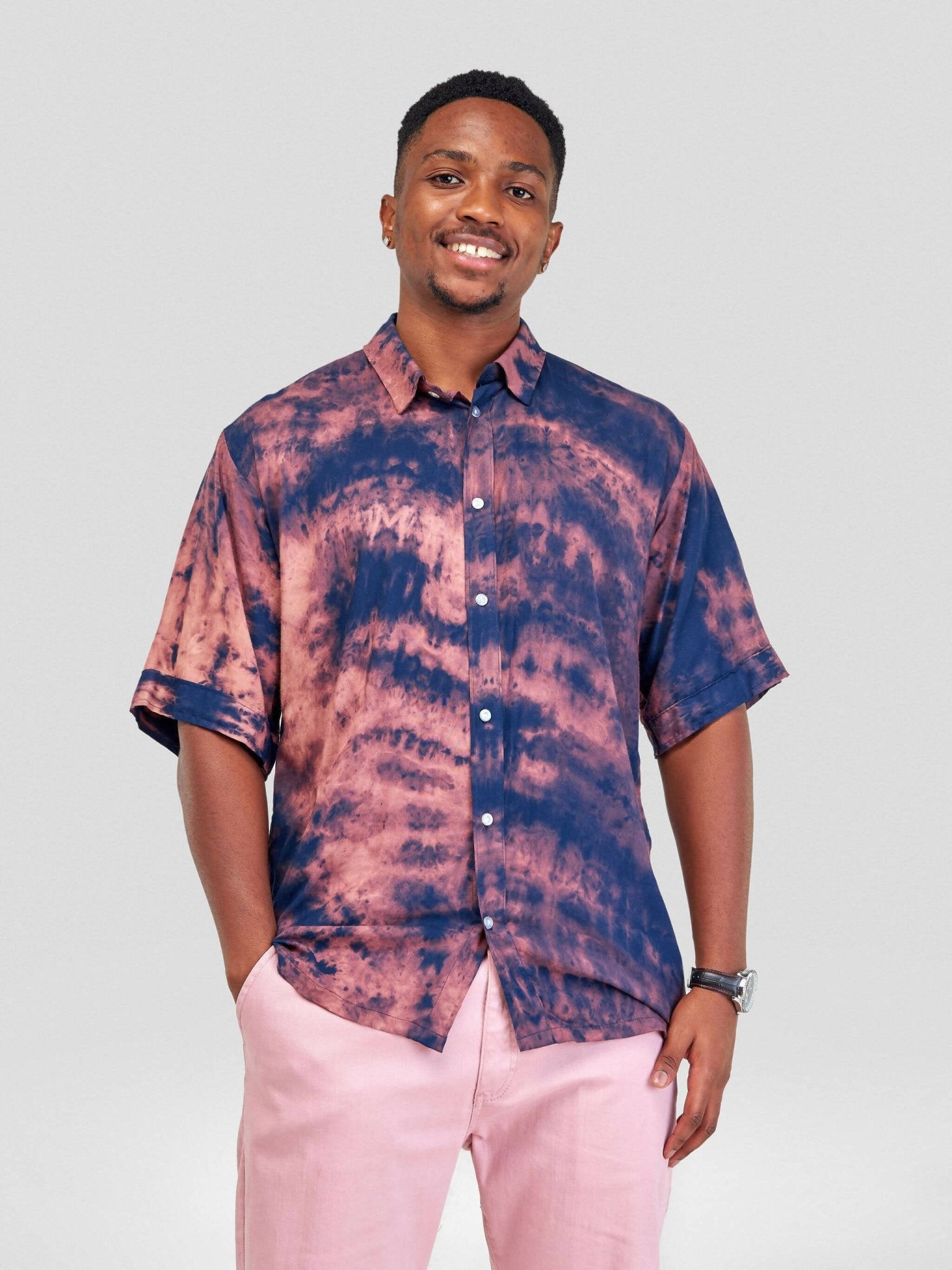 Vazi Afriq Tie & Dye Normal Collar Shirt - Navy Blue Bleach