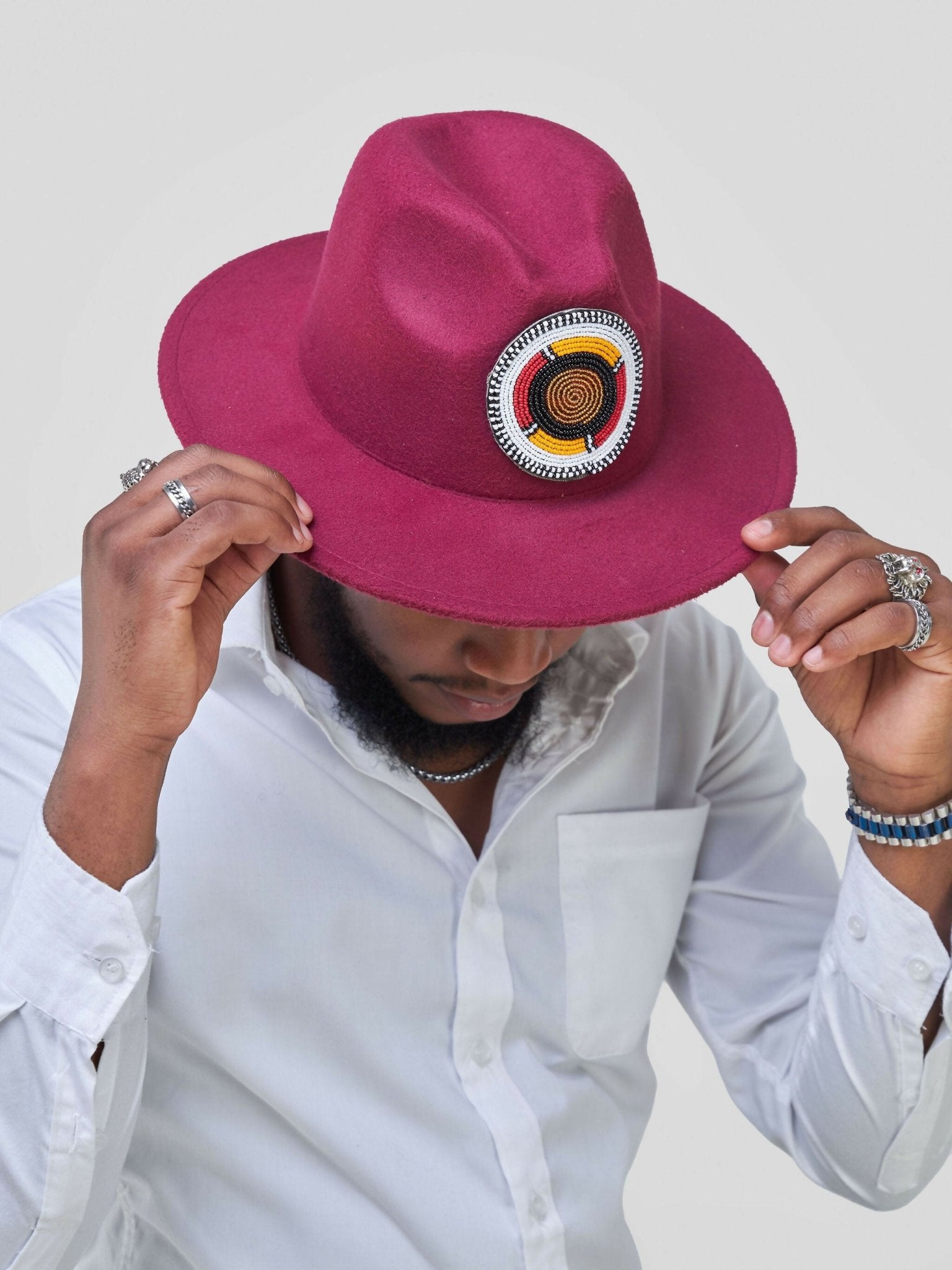 Beaded Fedora Hat - Maroon