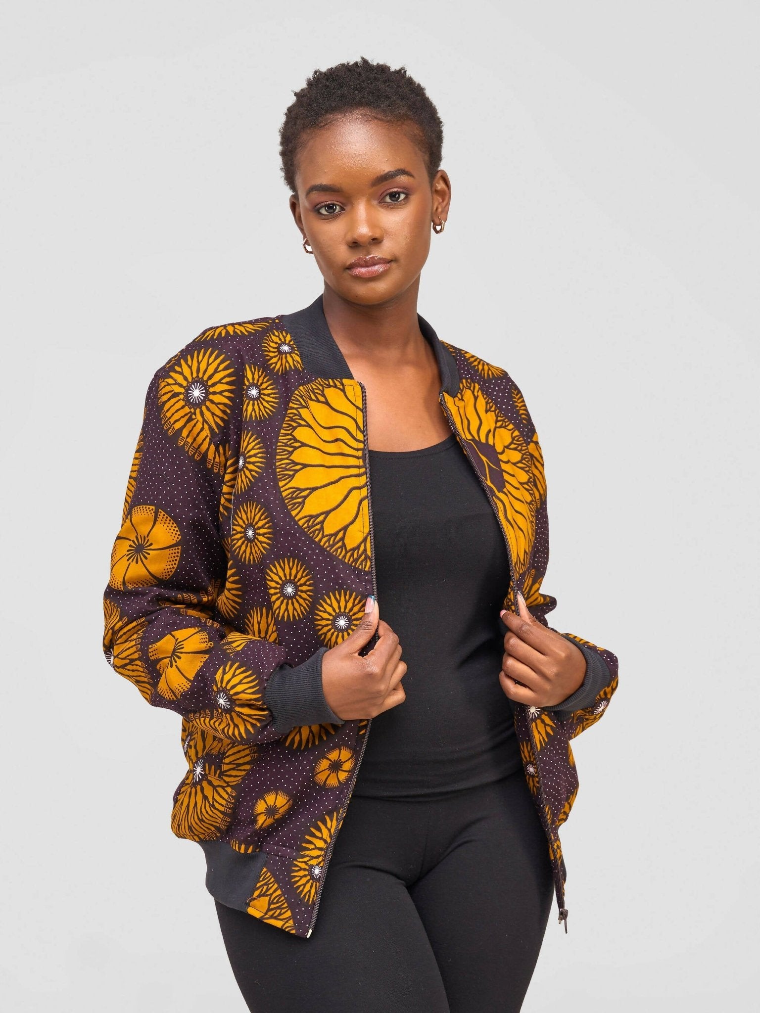 Khay Designs Ankara and Fleece Bomber Jacket - Burnt Orange