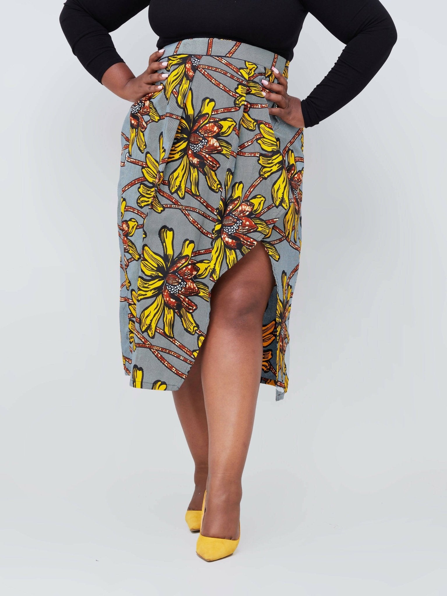 Vazi Afriq Ankara Wrap Skirt - Grey / Yellow