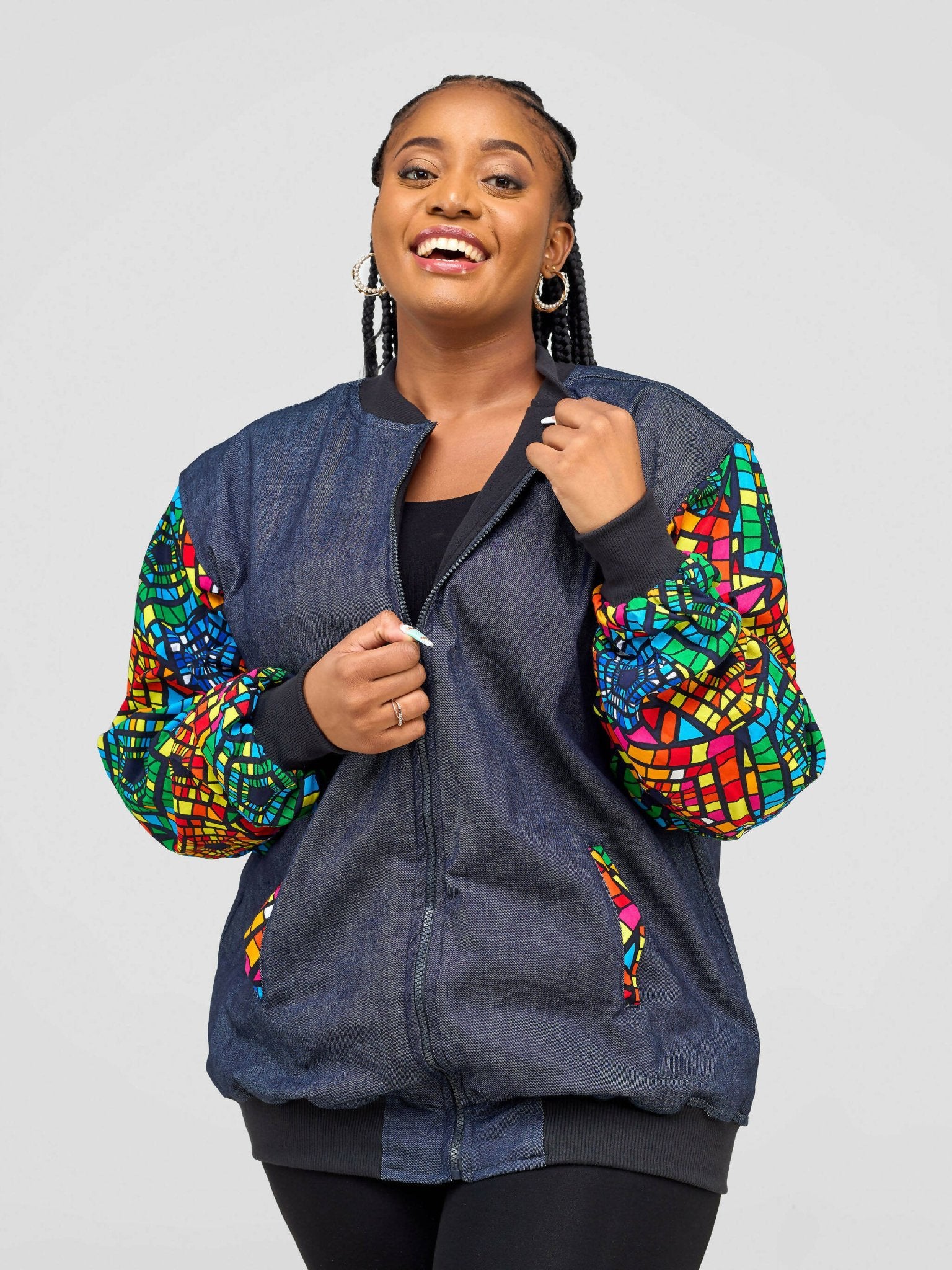 Khay Designs Denim Bomber Jacket - Navy Blue