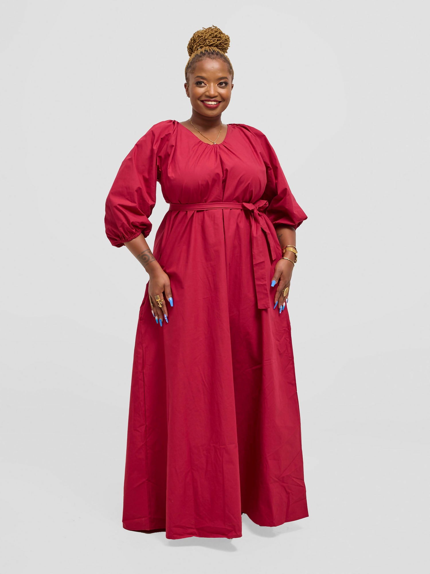Eyane Africa Upeo Puff Sleeve Dress - Maroon