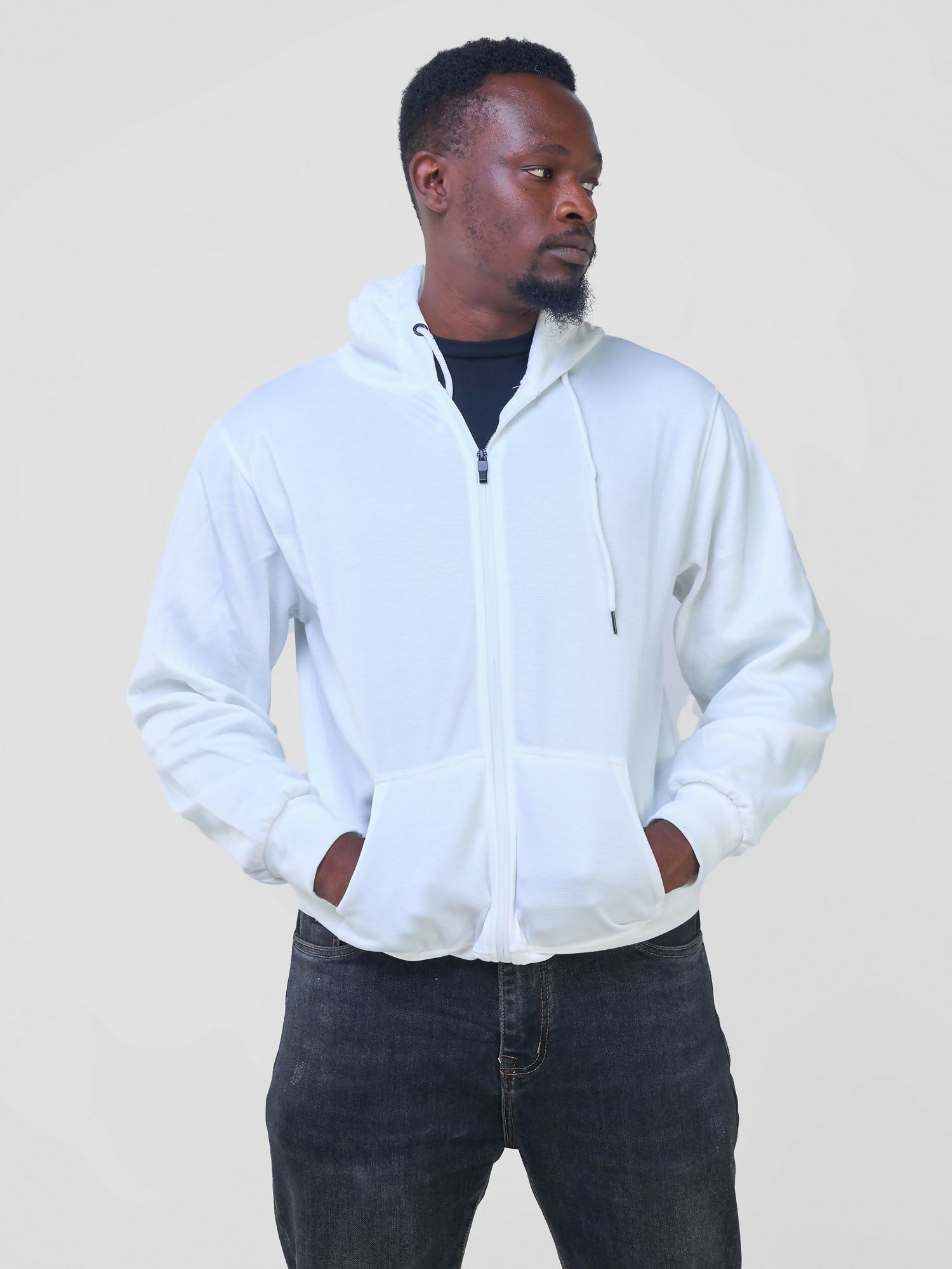 Round Neck with Zip Hoodie - White