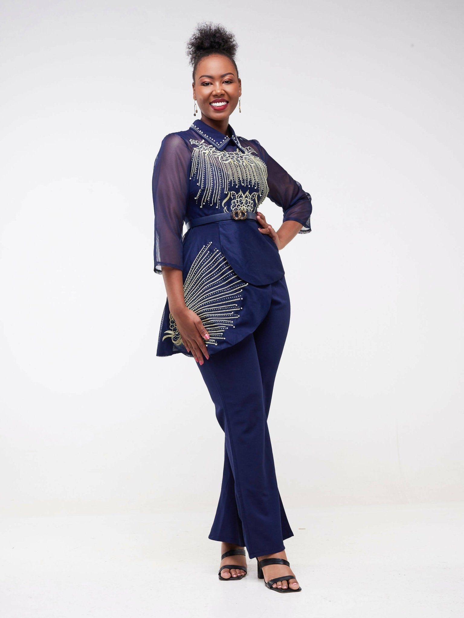 Trouser Suit With Uneven Sequin Top - Blue