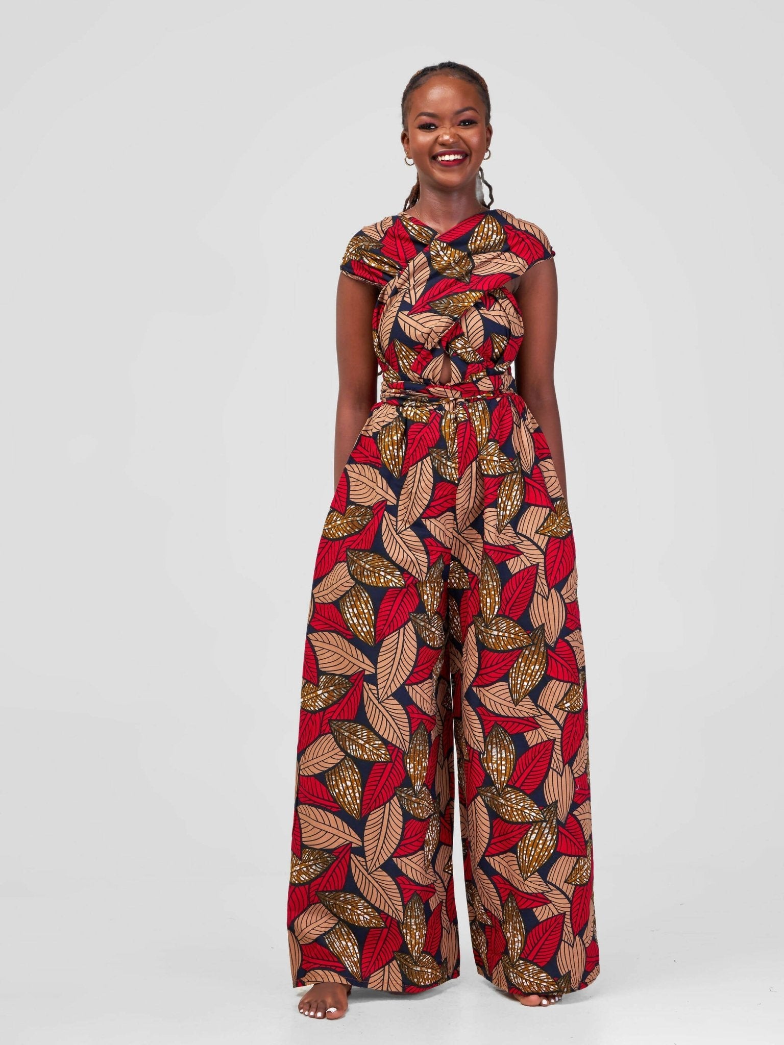 Lusaka Infinity Jumpsuit - Red / Brown Leaf Print