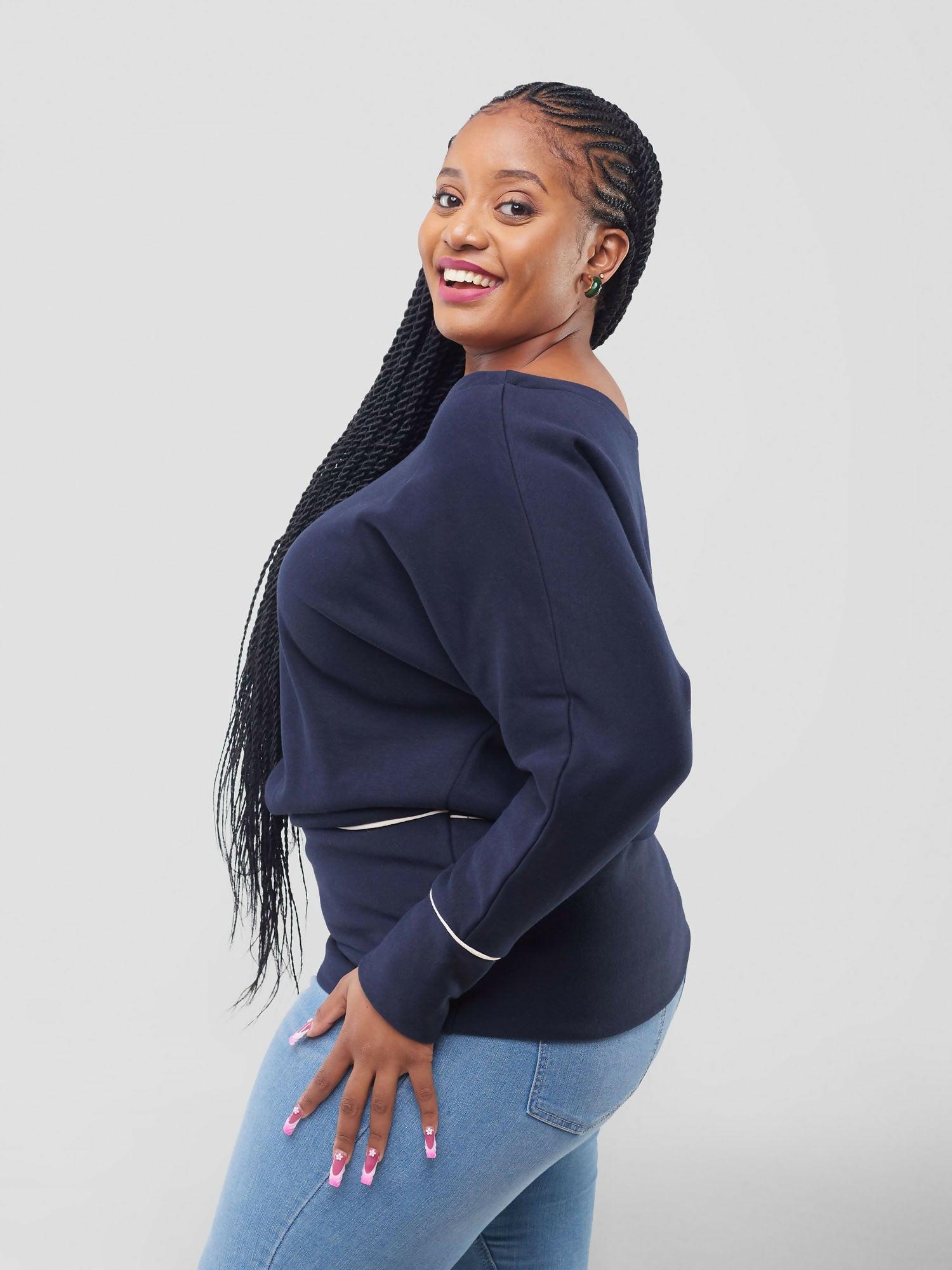 Liliadly Off Shoulder Butterfly Sweater - Navy Blue