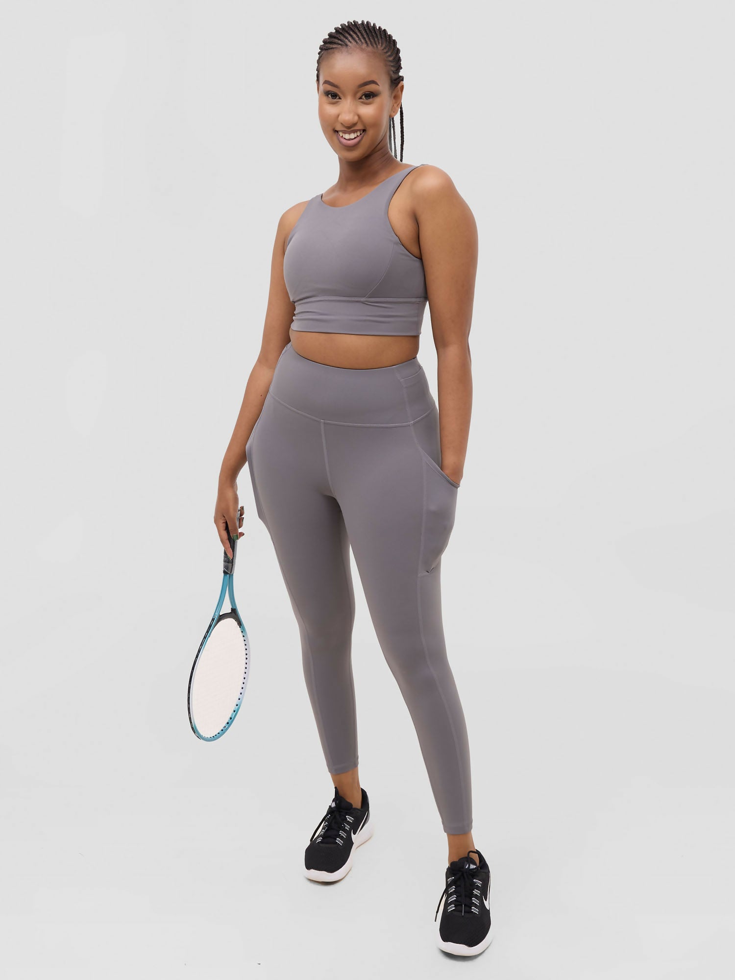 Flen Store With Pockets Leggings & Sports Bra Set - Grey