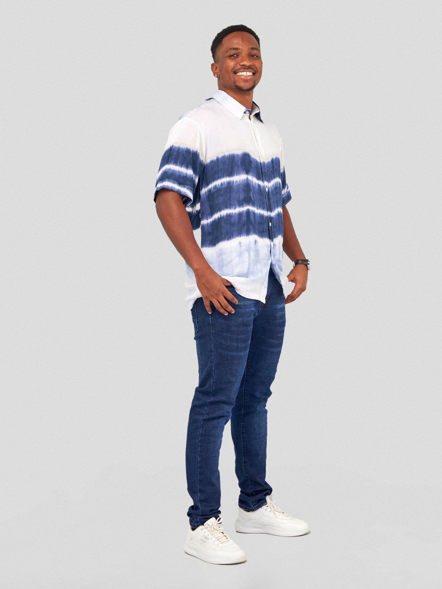 Vazi Afriq Tie & Dye Normal Collar Shirt - Navy Blue / White
