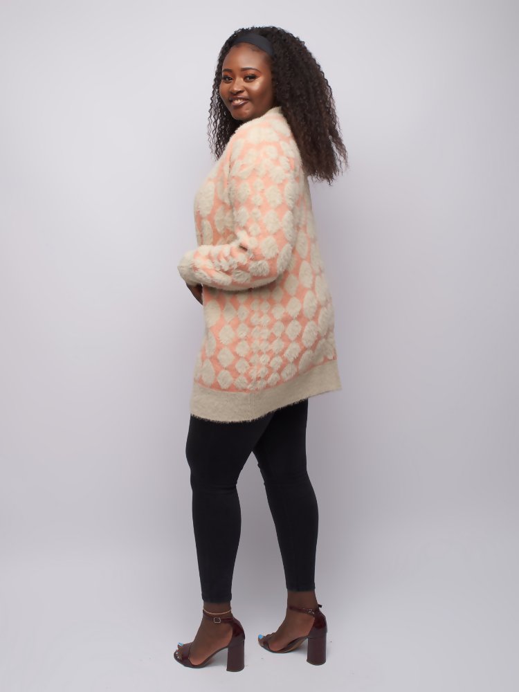 Tuli Zola Diamond Print Cardigan - Peach / Pink