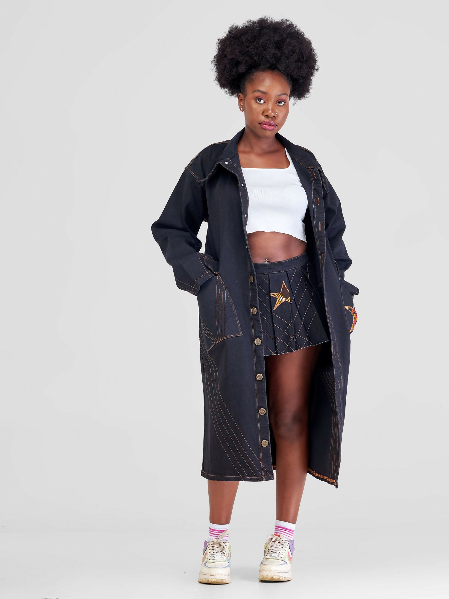 Afristar By Joyleen Long Jacket Coat & Pleated Shirt - Black