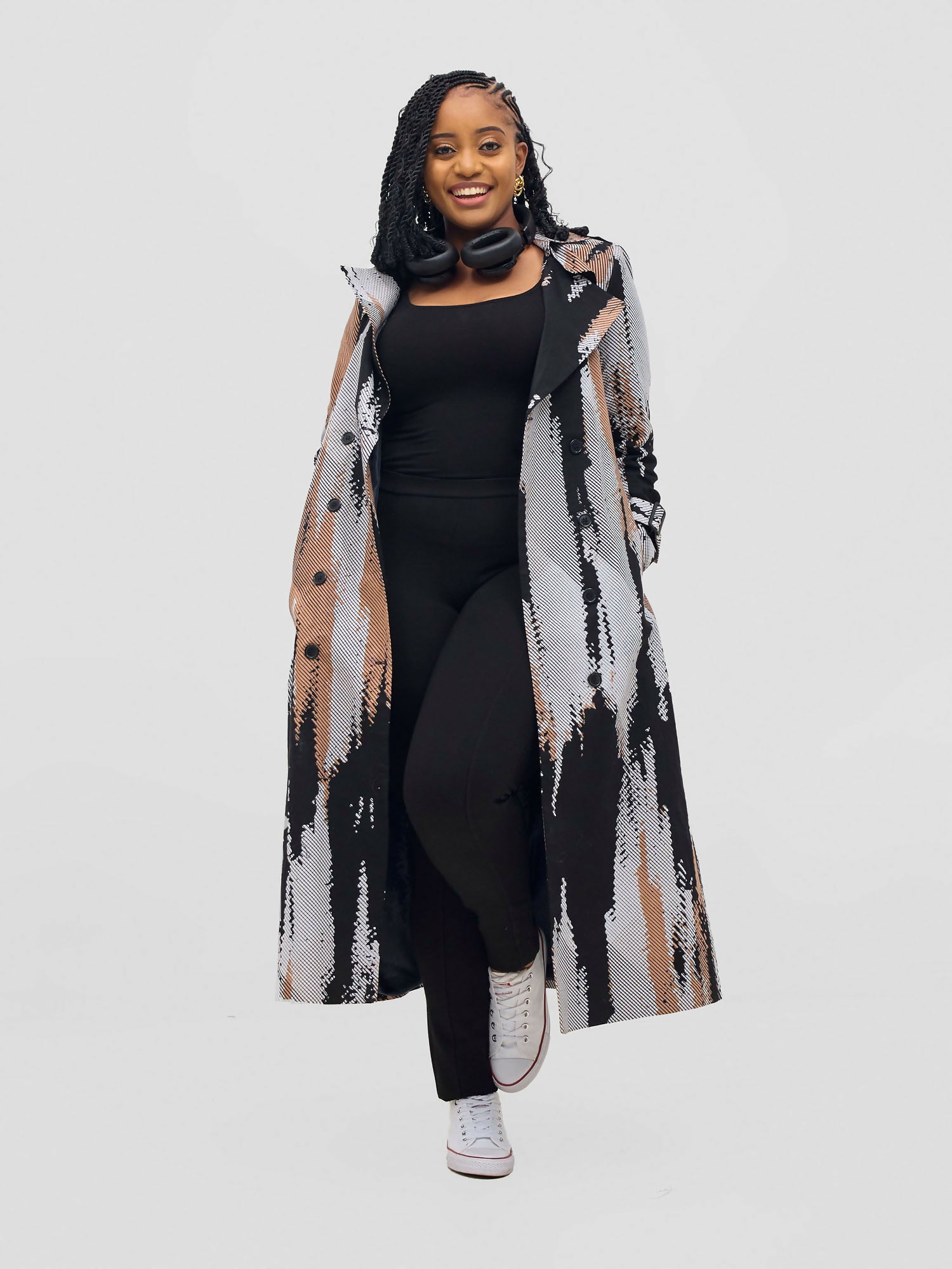 Sbv Ankara Trench Coat - Black / White / Cream